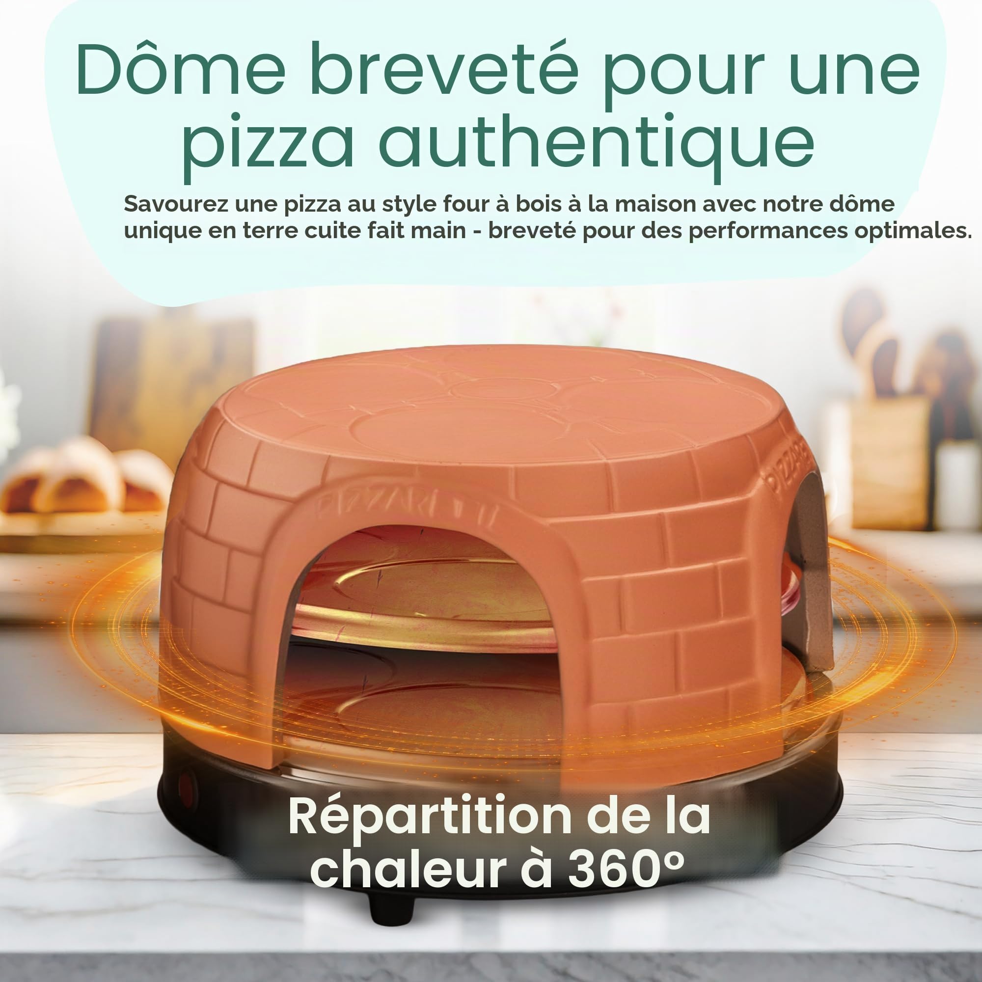 Emerio PO-116124.1 Four à pizza, couvercle en terre cuite, fait à la main, design breveté, pour mini pizza, véritable plaisir en famille pour 8 personnes