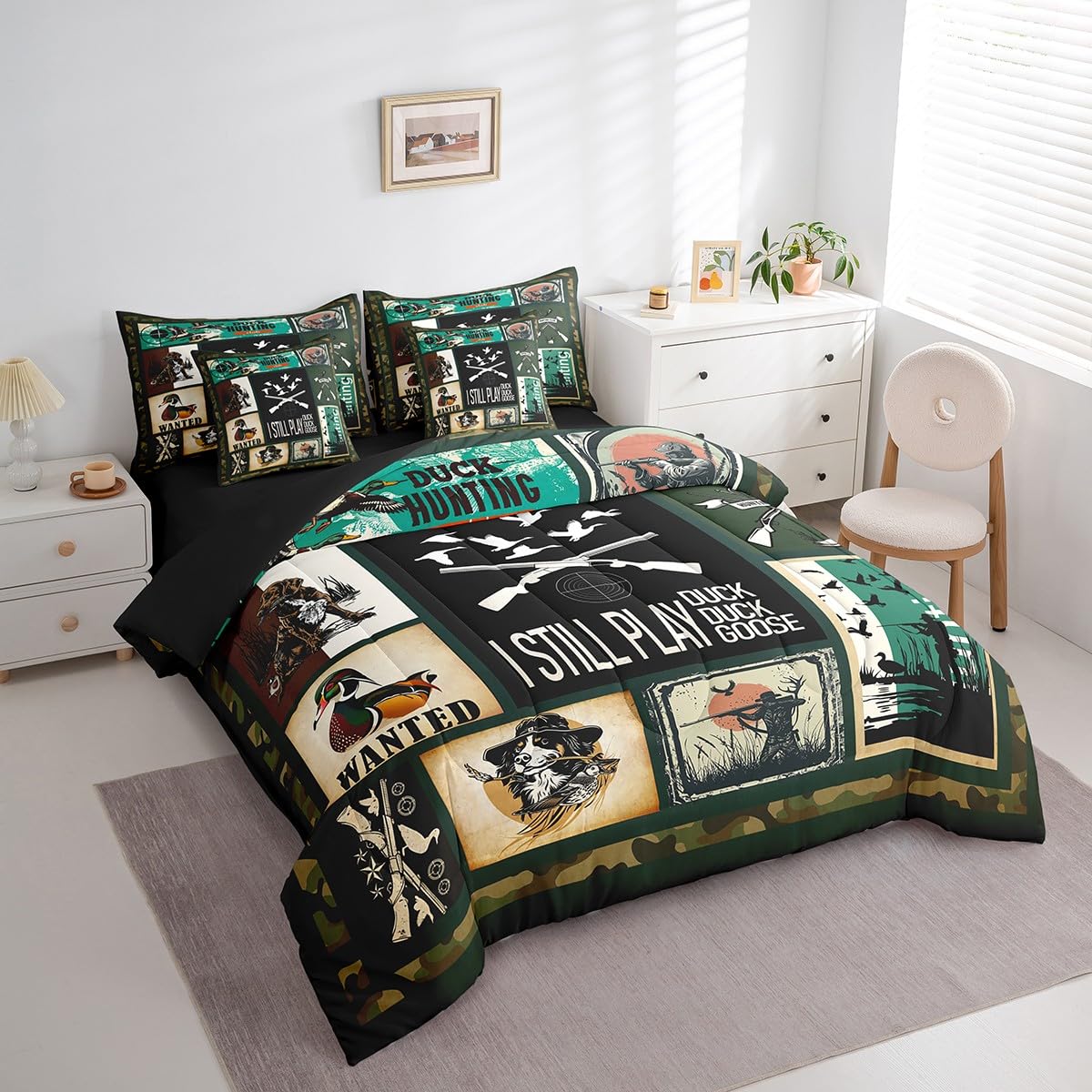 7 Piece Duck Hunting Bed in a Bag Full for Hunting Theme Sheet Set, Rustic Farmhouse Theme Bedding Set with Comforter for Adult Boys Girls Duck Hunting and Fishing Hunting Theme Cushion Covers 1