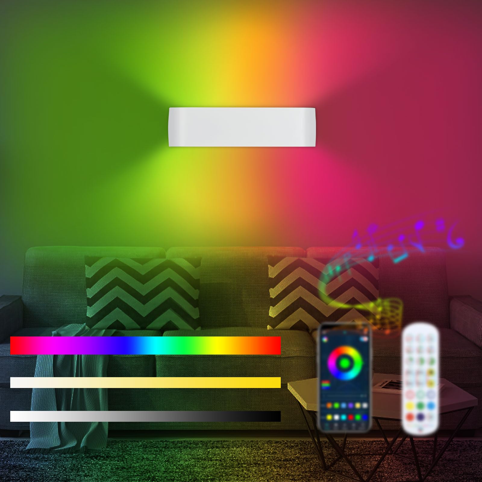 Lightess Aplique Pared Interior LED, Inteligente Lampara de Pared Regulable Control Remoto y Control App, 213 Modos 16 Millones de Colores Música Sincronizada, Moderno Luz Paredpara Dormitorio, Blanco