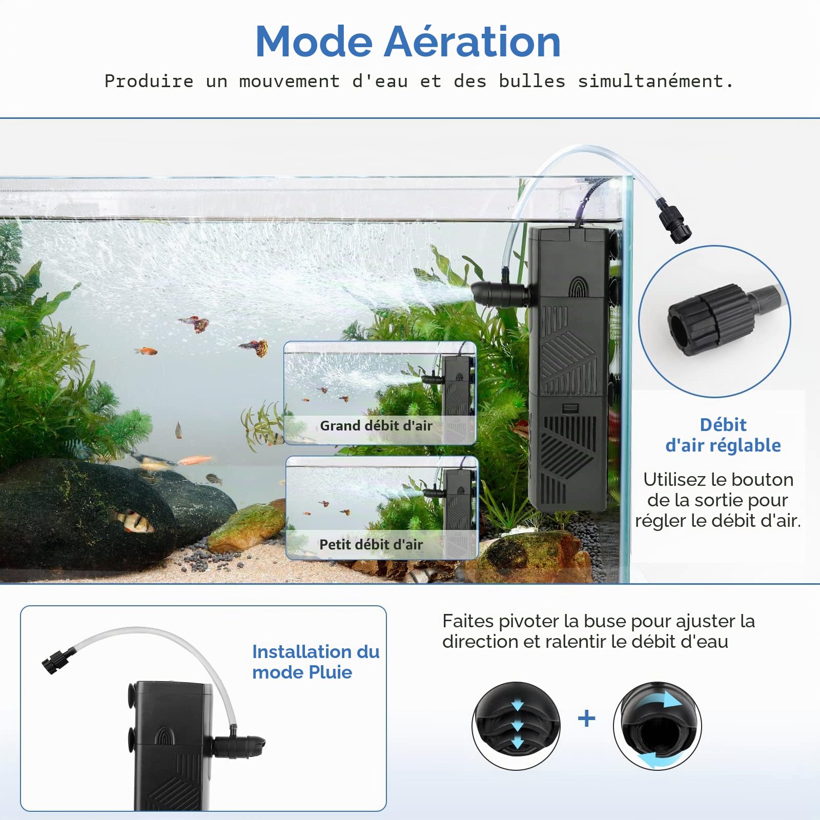 hygger Filtre Interieur Aquarium,600L/H Filtre Interieur Débit d'eau Réglable Submersible avec,10W Faible Débit d'eau Filtre d'aquarium pour Aquarium Jusqu'à Tortue, Postuler à 60-120L