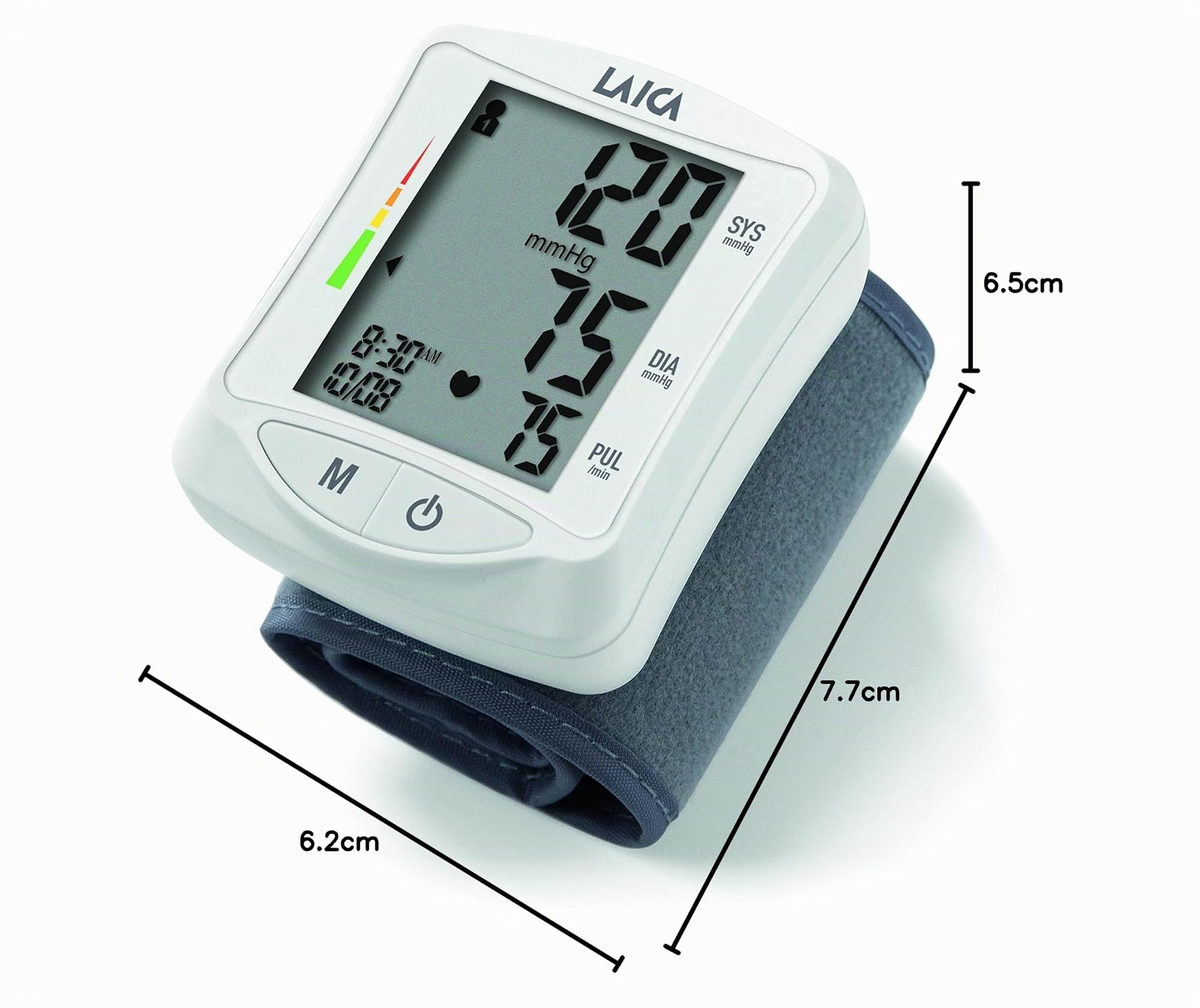 Tensiómetro de muñeca Laica BM1006 120 memorias ( 60 memorias para 2 usuarios), incluye estuche para guardar, pantalla grande de fácil lectira. Gris/Blanco