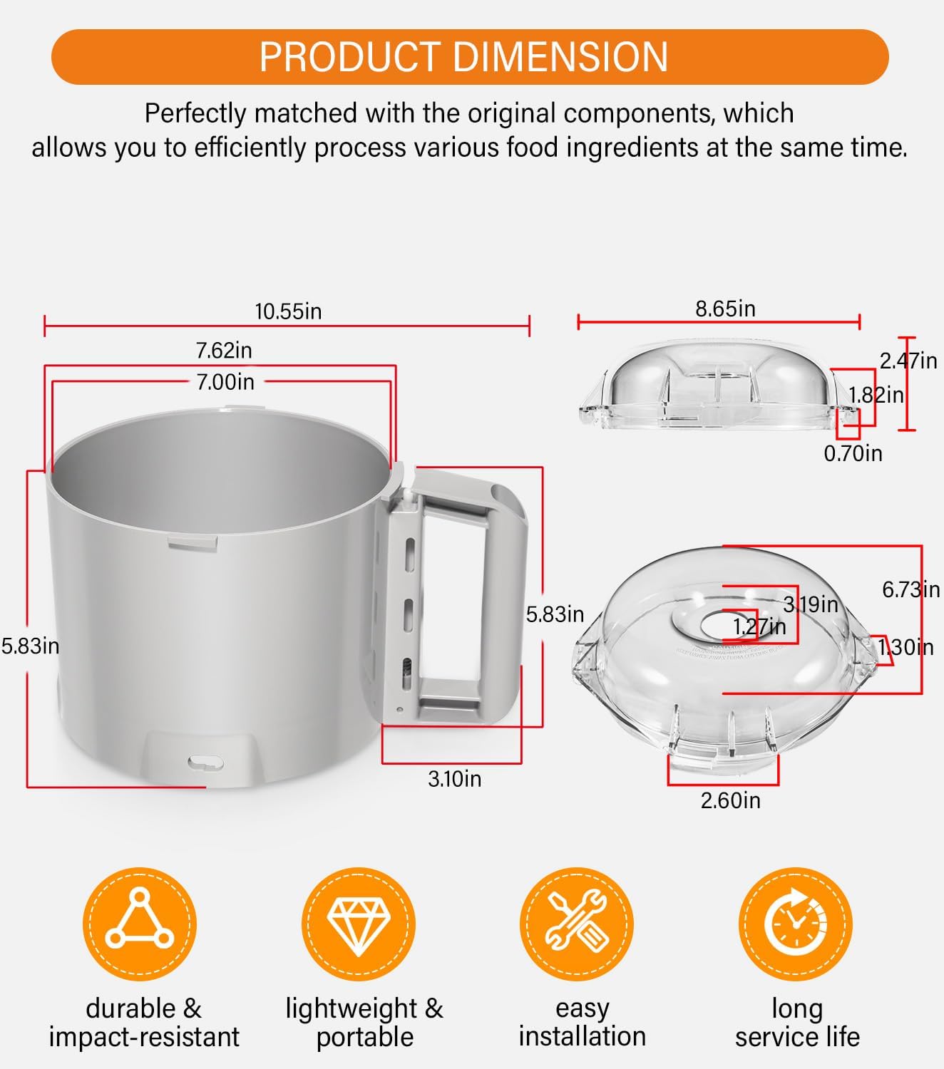 112204S Cutter Bowl & 106458S Cutter Bowl Lid Compatible with Robot Coupe R2, R2B, R2N, R2 Dice Food Processor, 3 Quart Bowl, Gray