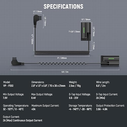 Miniatura 7 de Neewer D Tap to NP-F550 Batería ficticia con cable para batería de montaje en V, fuente de alimentación estable para RGB660 RGB1200 RGB168 BH20B Luz