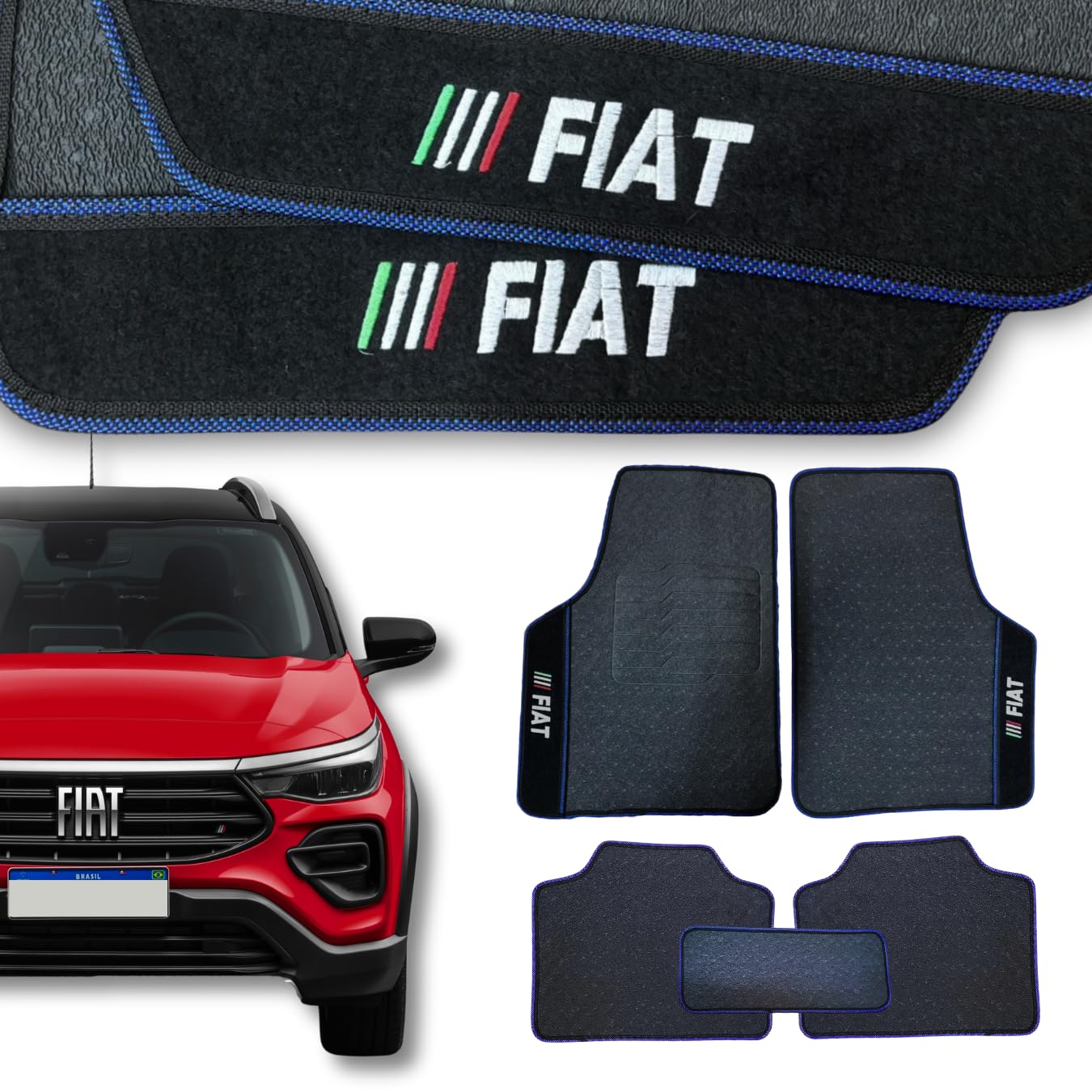 Jogo de Tapetes Automotivos Emborrachados Universal para Carros da Fiat Azul - 05 peças