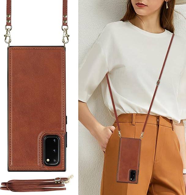 DEFBSC Compatible with Samsung Galaxy S20 FE Case, Crossbody Wallet Case, Adjustable Detachable Lanyard Neck Strap with Kickstand Card Holder Premium Leather Protective Back Cover - Brown