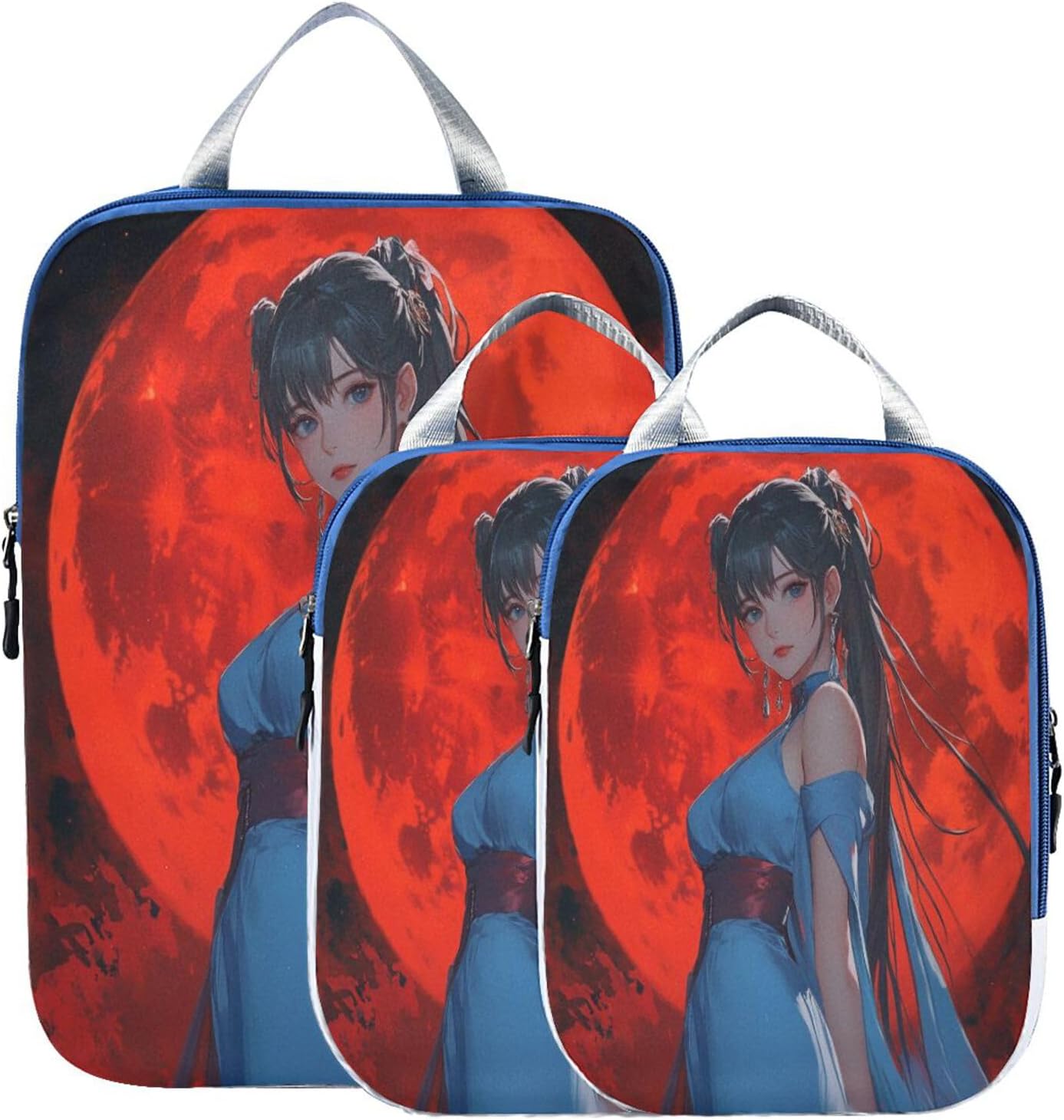 Portable 3pcs Travel Packing Storage Bags Polyester Bags Organizer For Luggage, Anime Style Beauty Red Moon Background 3 Set