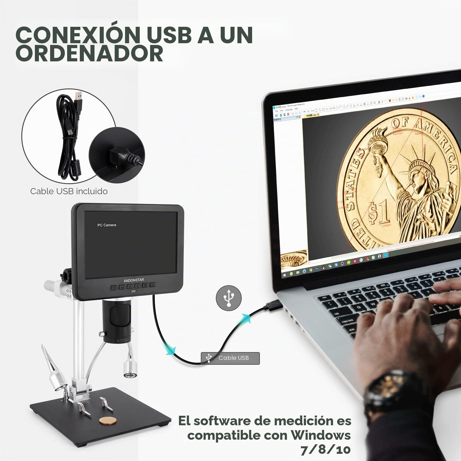 Andonstar AD246S-M Microscopio Digital HDMI 2000x para Adultos, 3 Lentes 2160P UHD de grabación de vídeo, 7 Pulgadas LCD para Soldadura, Kit biológico, Compatible con Windows