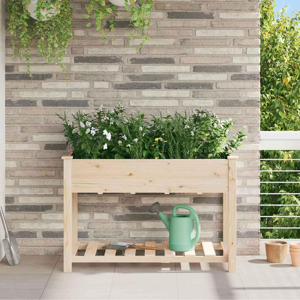 Jardinera de madera con práctica superficie de almacenamiento, jardinera para jardín y terraza, jardinera estable de madera maciza, para exteriores, color beige, 115 x 59 x 76,5 cm