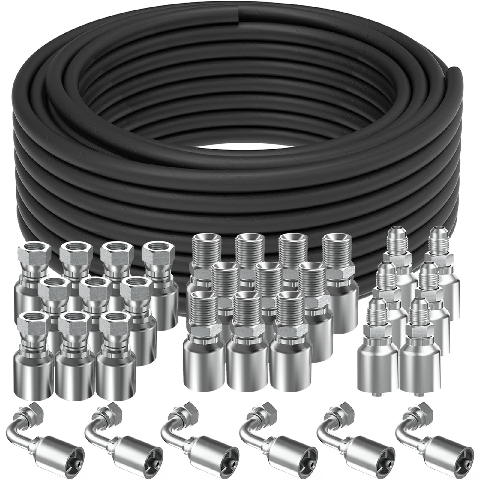 100Ft 3/4 Hydraulic Hose with 32Pcs 3/4" JIC 37° and 3/4 inch NPTF Male Hydraulic Hose Fittings W.P.40MPa /5800PSI