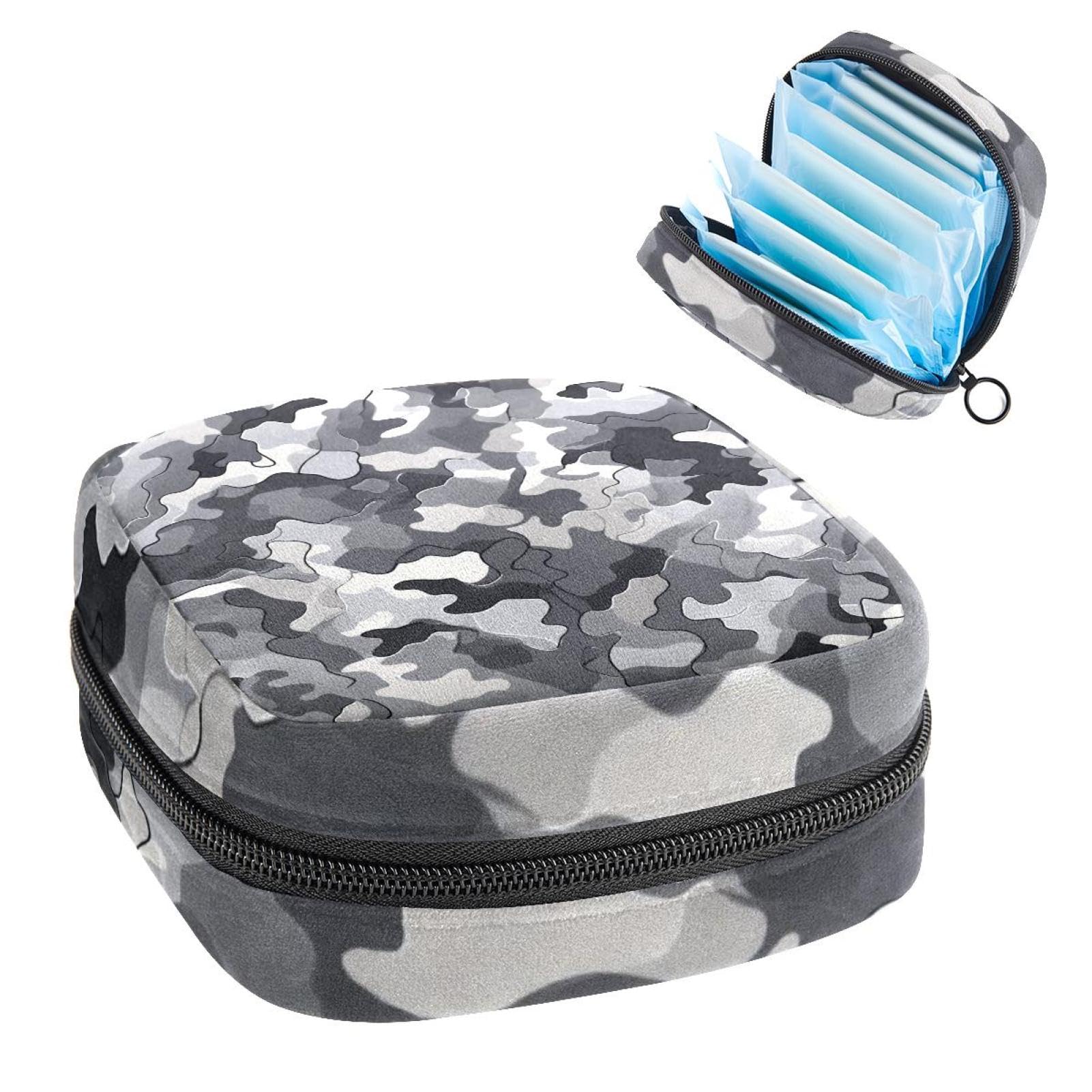1Pc Period Bag for Women, Menstrual Pad Pouch for School Office, Reusable Sanitary Napkin Storage Bag Portable Feminine Period Kit Bag Black Gray Camouflage Print