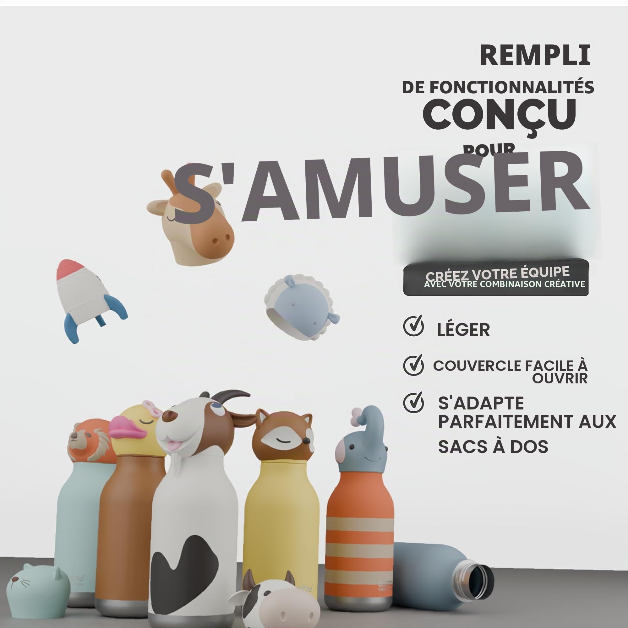 asobu Bouteille Bestie isotherme en acier inoxydable avec tête d'animal souple détachable, amusante pour boire pour enfants et adolescents avec paille flexible réutilisable 473 ml (canard)