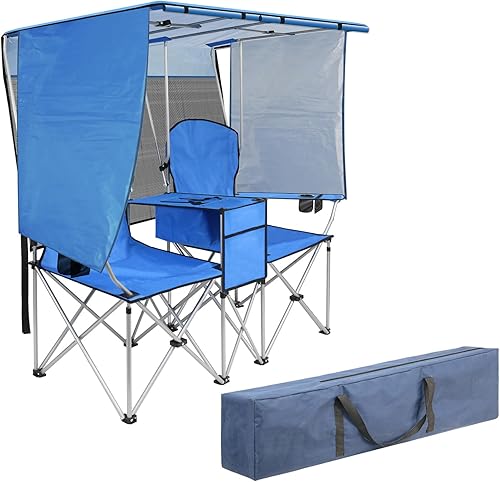 Silla de playa doble con pantalla de toldo, silla de campamento resistente para adultos, silla de playa plegable con soporte para tazas, bolsa