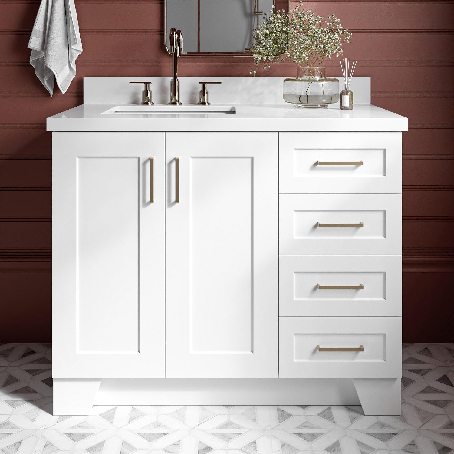 ARIEL Taylor 42 Inch White Bathroom Vanity with Sink, Solid Wood Bathroom Vanity Base Cabinet, Carrara White Quartz Countertop 1.5-Inch Edge, Right