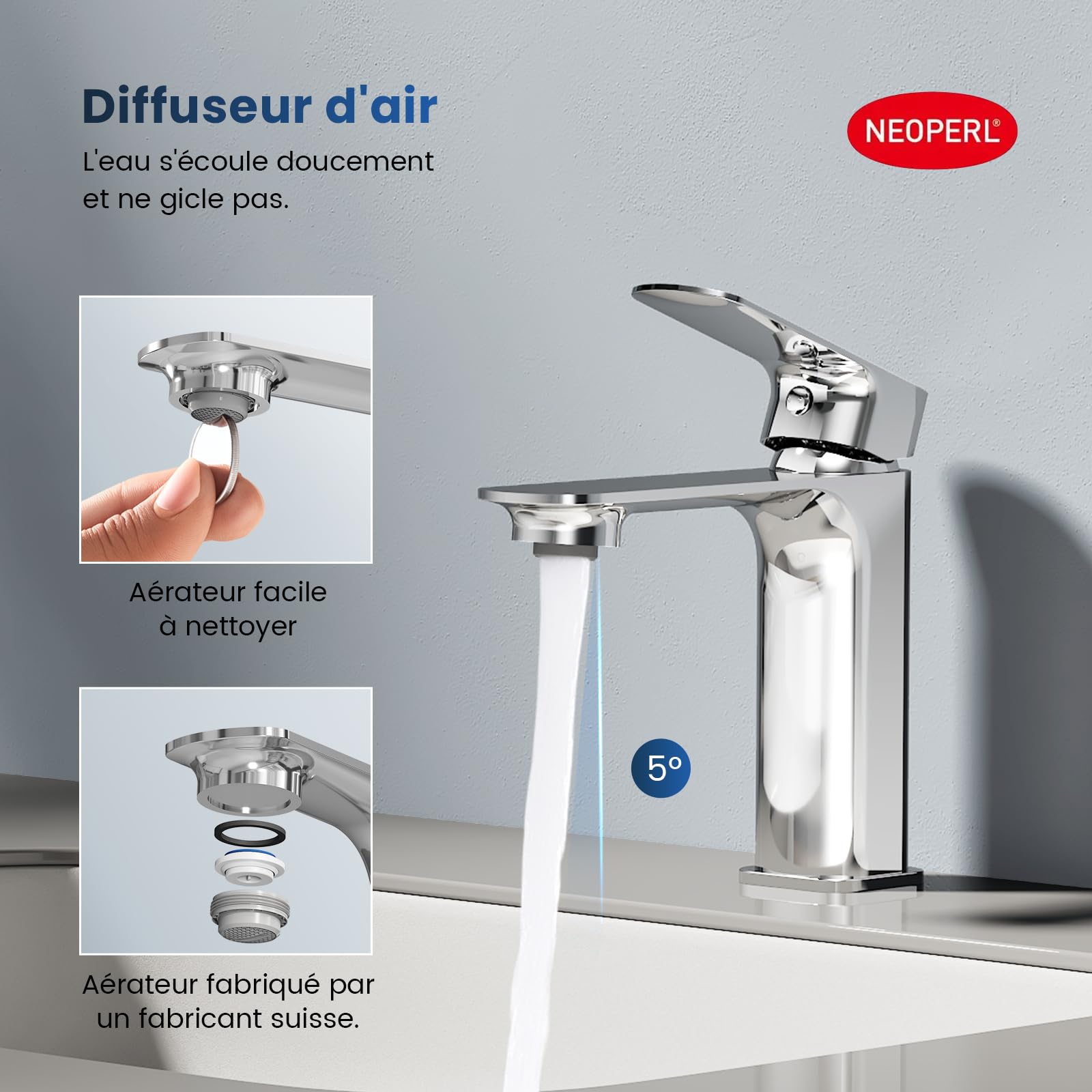 EMKE Grifo de Baño, 166x152x45 mm, Cuerpo de Latón, Mezclador para Lavabo, Grifo de Cocina con Aireador, Cartucho Cerámico, Acabado Cromado, Instalación Fácil