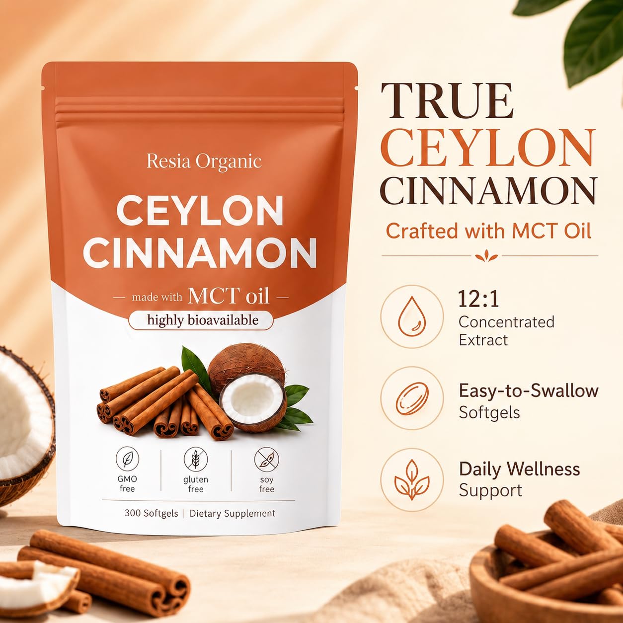 Resia Organic Ceylon Cinnamon Extract Softgels with MCT Oil, 300 Count — Amazon image 2