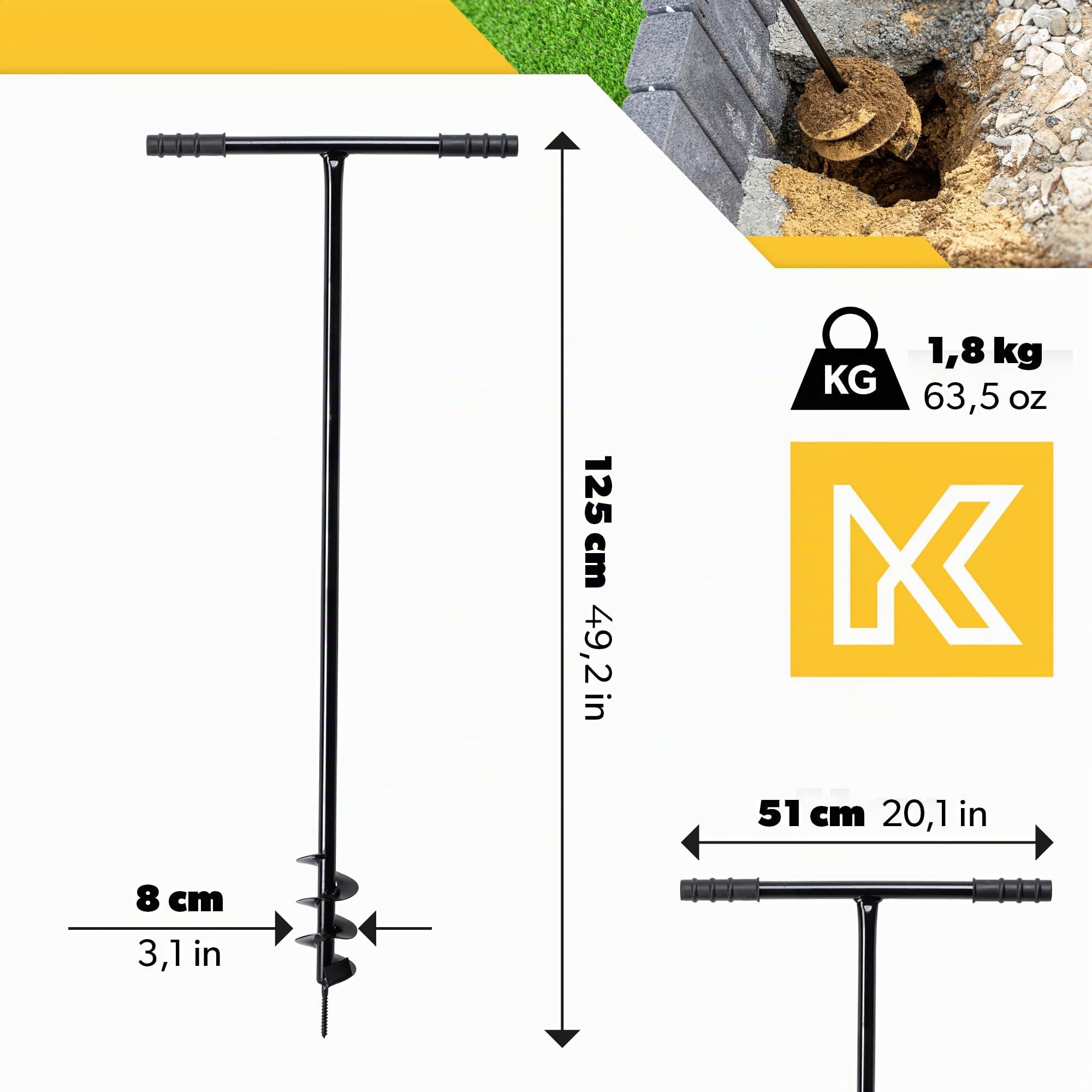KADAX Tarière Manuelle avec Poignée en Métal, Outil de Jardinage à Main pour Creuser des Trous, Planter des Arbres et Installer des Clôtures (80 mm)