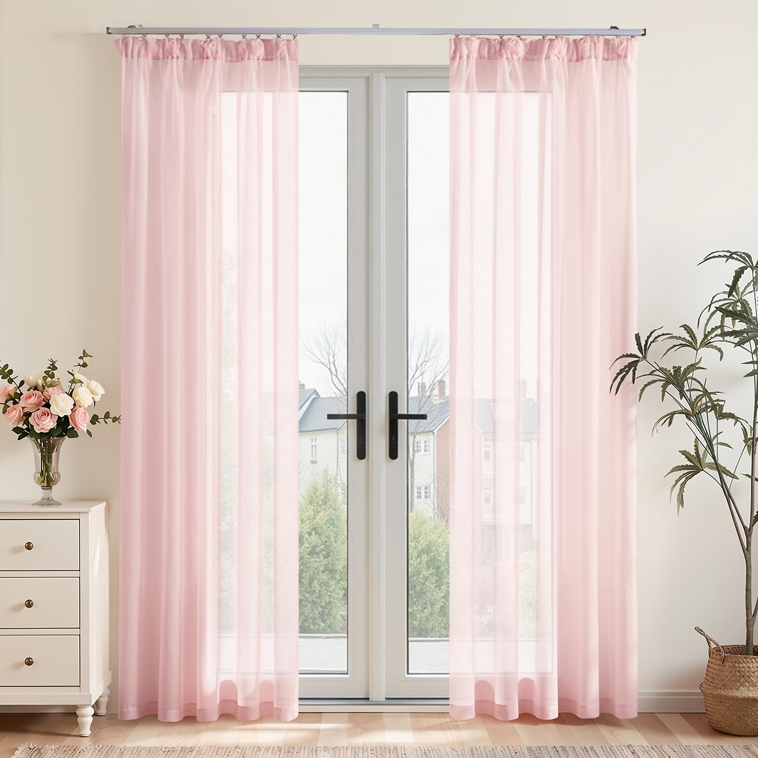 Vangao Gardinen mit kräuselband Voile Weiß Modern Vorhänge kurz 2er Set