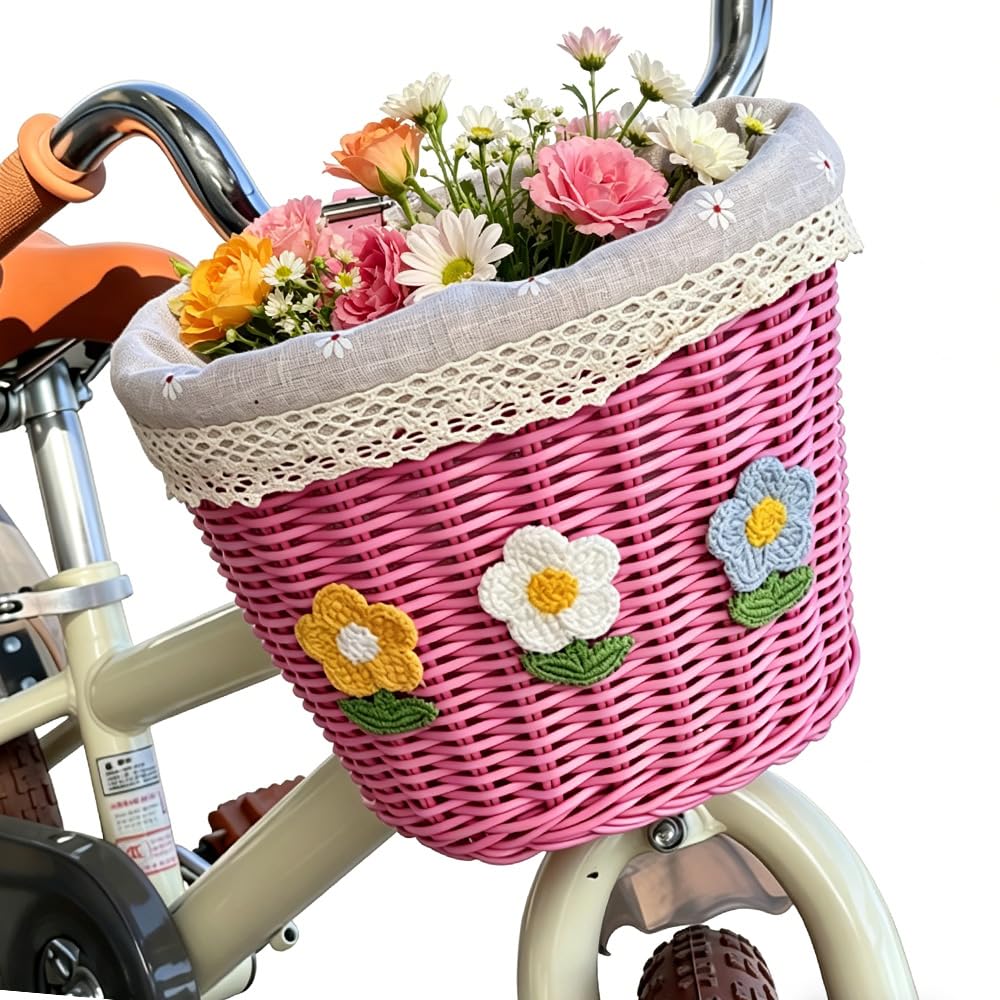 Kids Bike Basket, Handwoven Bicycle Basket, Plastic Wicker Scooter Baskets with Leather Straps and Flower Decorations, Bike Basket Front for Boys Girls Bicycle Trike Scooter Balance Bike (Pink)