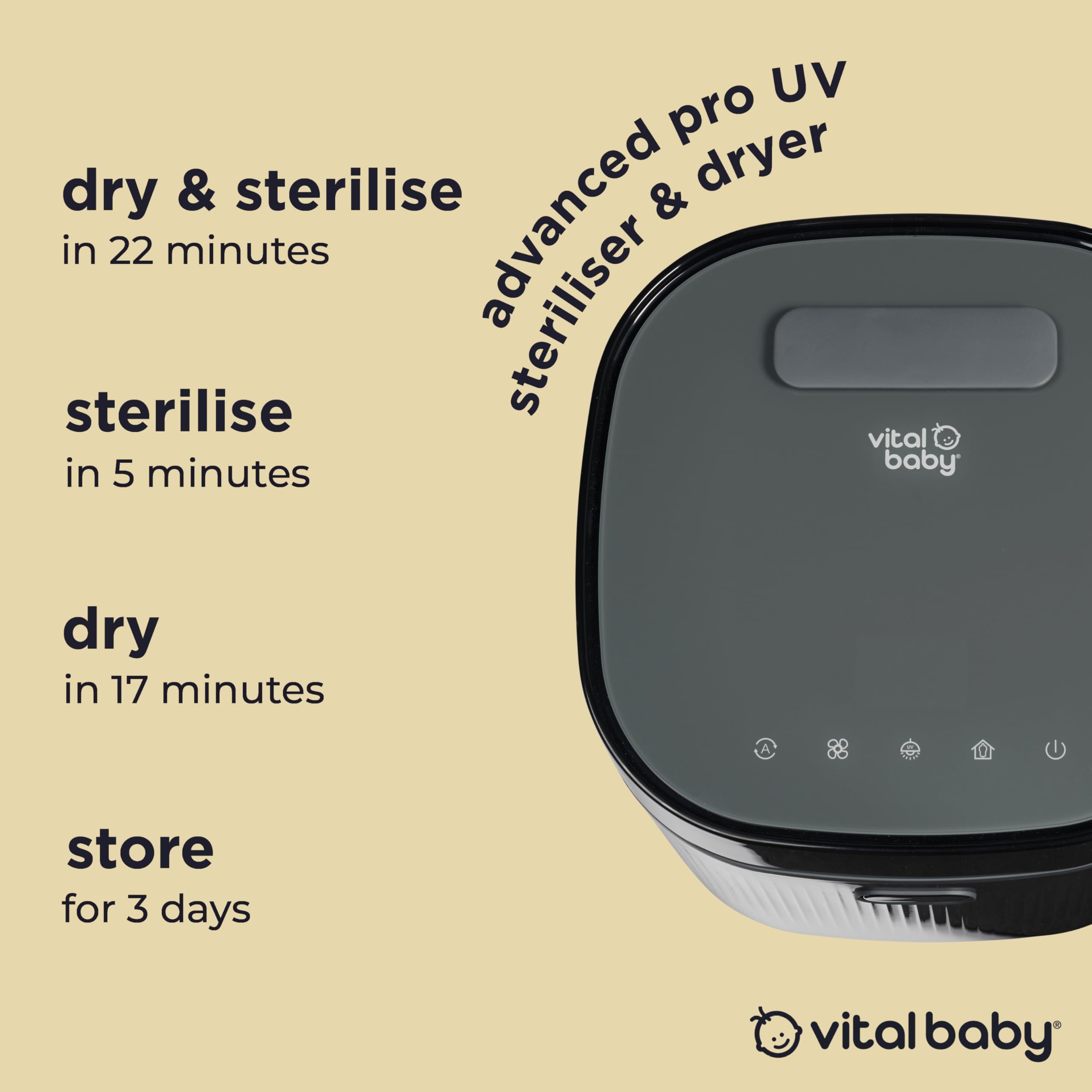 Vital Baby Esterilizador UV para biberones y accesorios, mata el 99,99% de los gérmenes en 5 minutos, esteriliza, seca y almacena, sin agua, vapor ni productos químicos, negro ónix