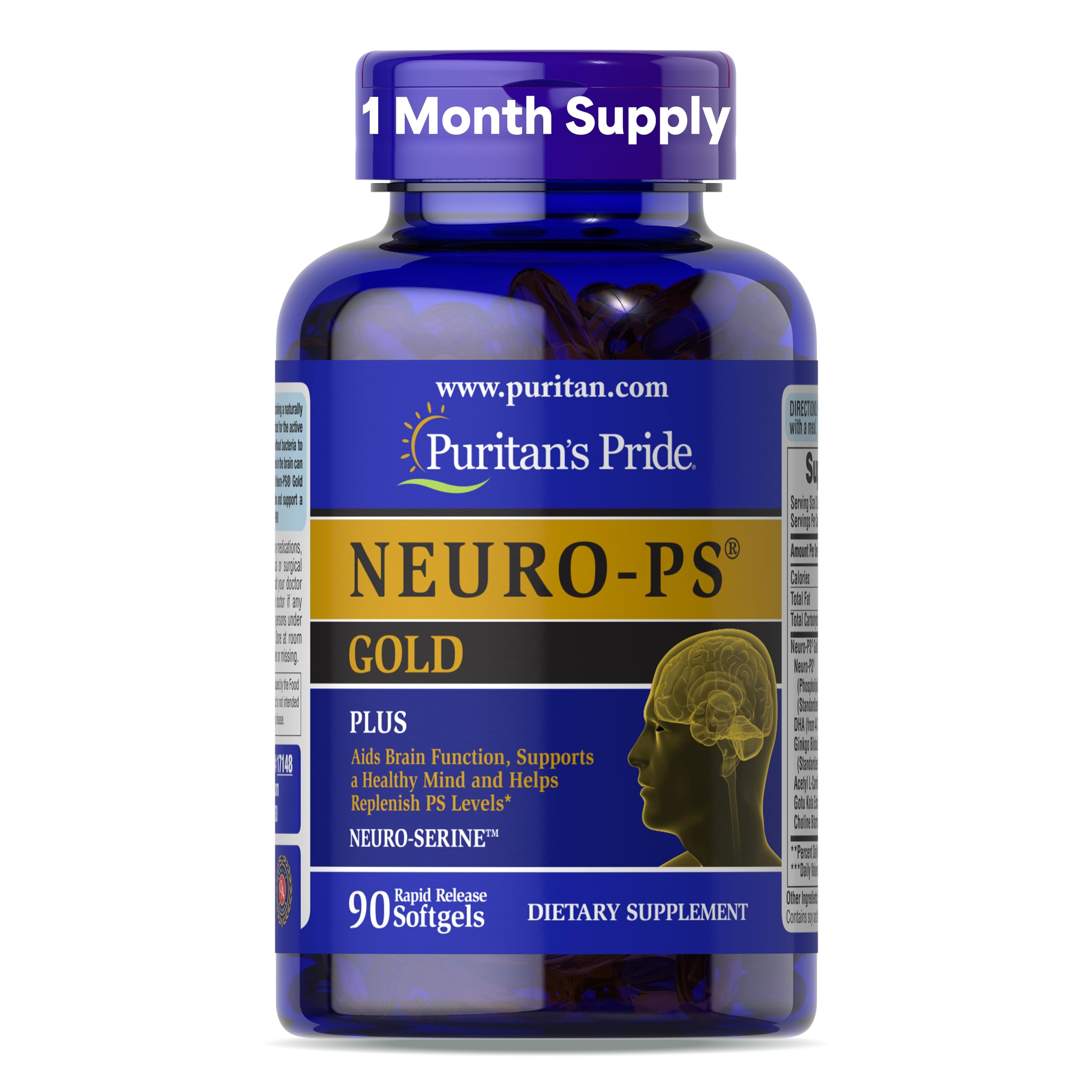Puritan's Pride Neuro-PS® Gold Plus Neuro-Serine™ with Gingko Biloba and DHA, Advanced Dietary Supplement for Brain Function, Health, and Memory Support, 1 Month Supply, 90 Rapid Release Softgels