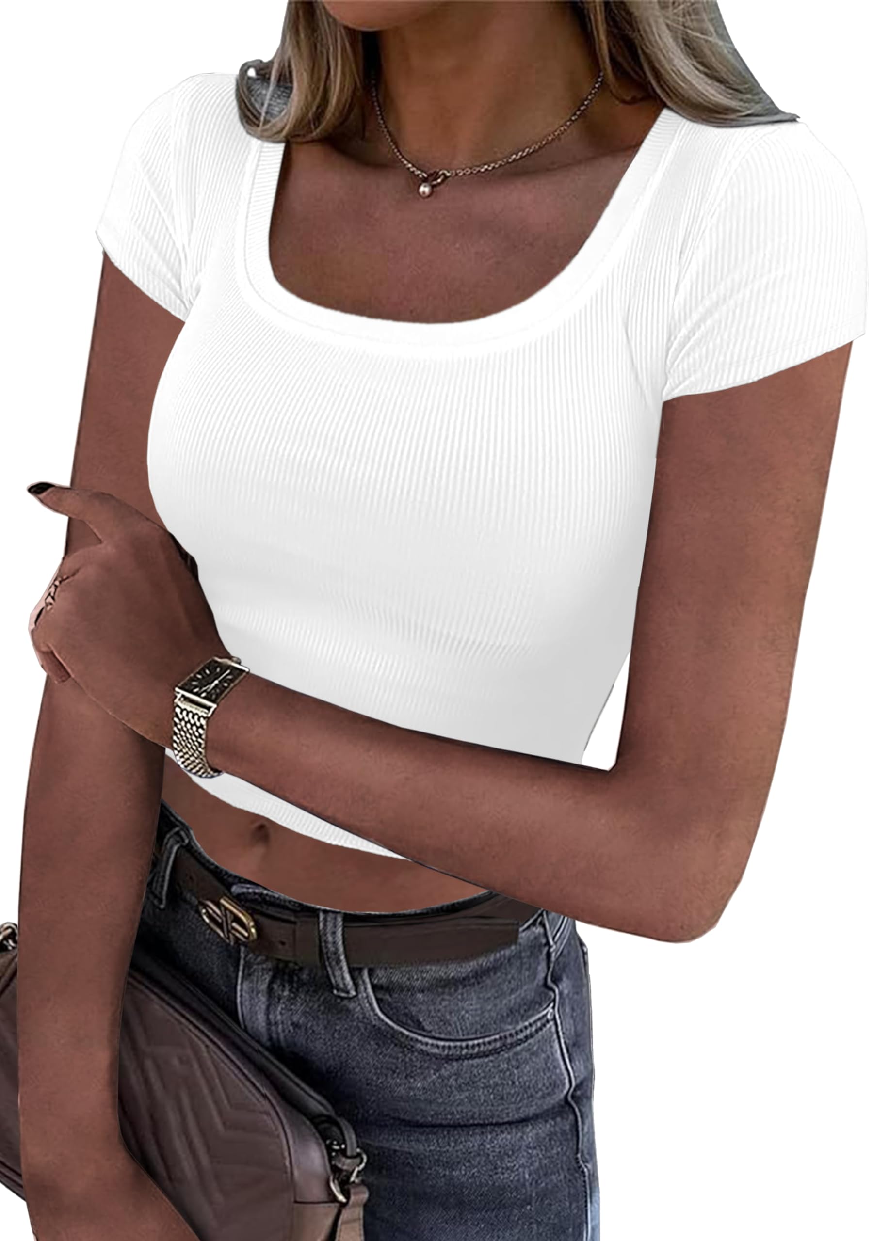 iGENJUNWomen's Summer Scoop Neck Short Sleeve T-Shirts Ribbed Knit Slim Fitted Casual Basic Top Medium White