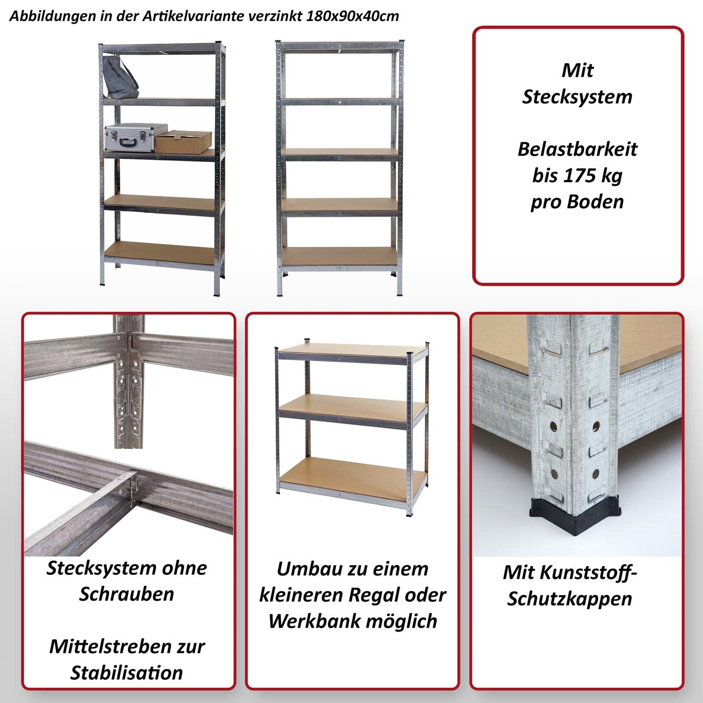 Scaffale Officina Ufficio Garage HWC-E33 XL Metallo MDF 5X Ripiani Colore zincato