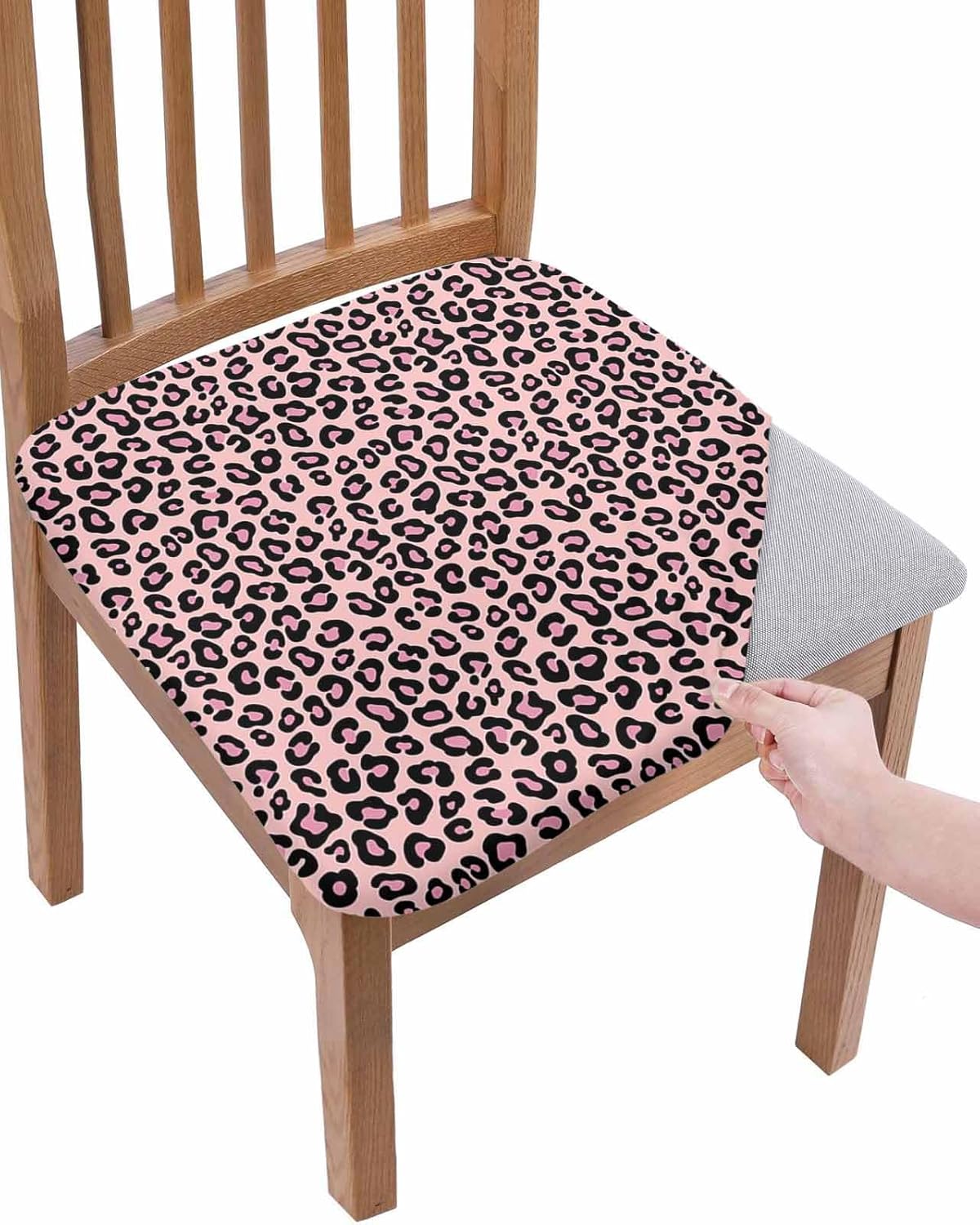 Savannan Dining Room Chair Seat Covers Set of 4, Pink Leopard Pattern Removable Stretch Chair Seat Cushion Slipcovers Protector for Holiday Party Festival Decoration Farmhouse Animal Skin Theme