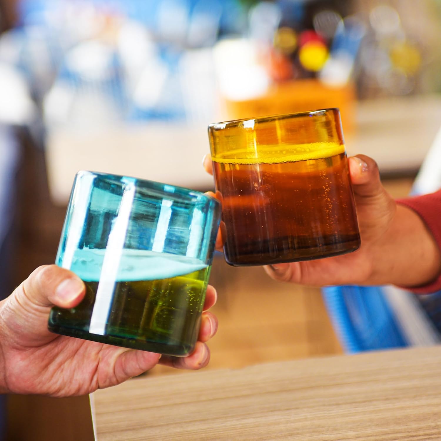 Hand-Blown Cocktail Glasses From Mexico – Set of 4 Lowball Rocks Glasses | Authentic Handcrafted 12 oz Old Fashioned Cocktail Glasses | Mexican Kitchen & Barware Gift Set | Shades of Summer