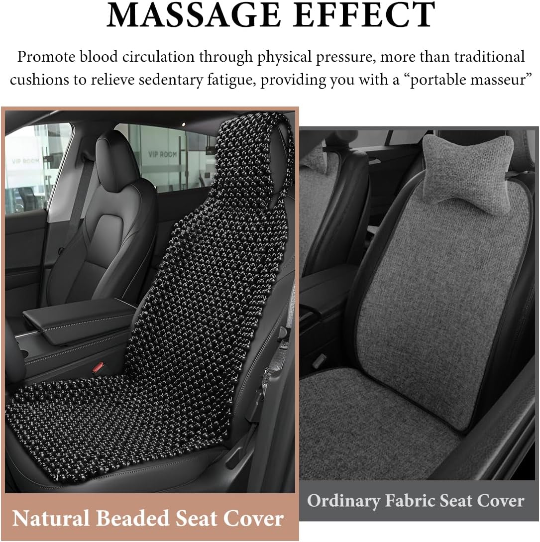 Natural Wood Beaded Seat Cover, Cool & Breathable Back Massaging Cushion for Front Seats, Automotive Seat Mat to Keep Back from Getting Sweaty While Driving, Car Accessories (Black)