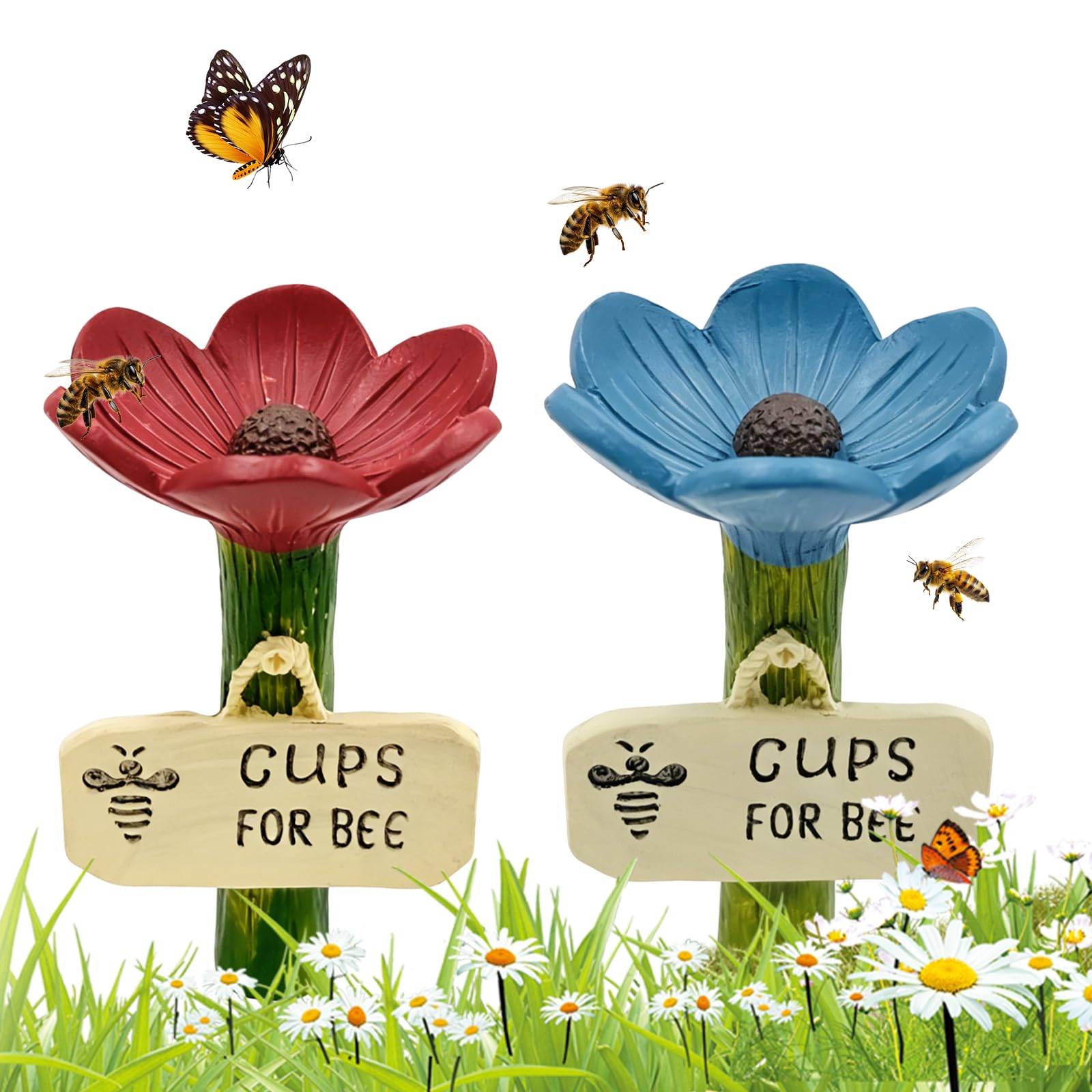OVBOVA 2Pcs Resin Flower Shaped Bee Watering Station for Garden Bee Cups for Outdoor Pollinator Insect Water Feeder for Beehive Yard Grassland Flowerpot Decor Blue and Red