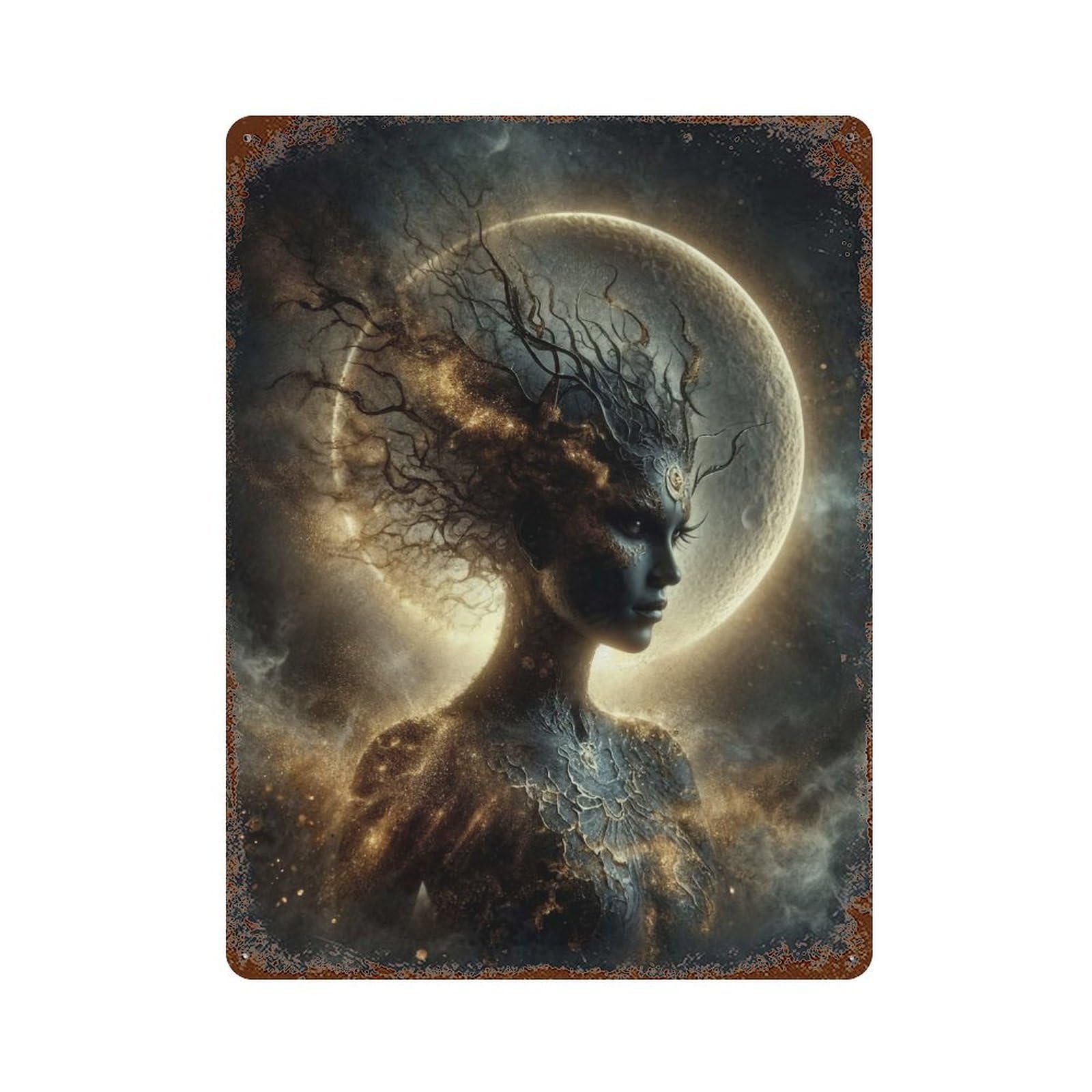 Celestial Woman with Moon Background Vintage Metal Tin Sign 15.7"x11.8", Ideal for Living Room, Hallway And Home Decor