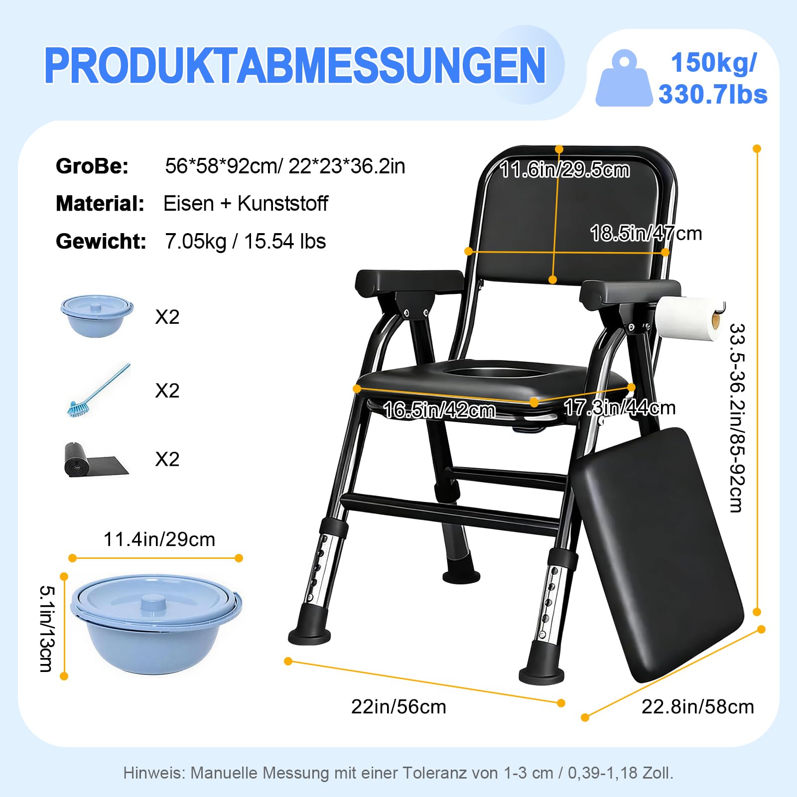 Toilettenstuhl für Senioren, Höhenverstellbaren Klappbar WC Stuhl Toilettenstühle mit Gepolsterter Sitzplatte und Toiletteneimer, Tragbar Duschstuhl Tragfähigkeit 150kg