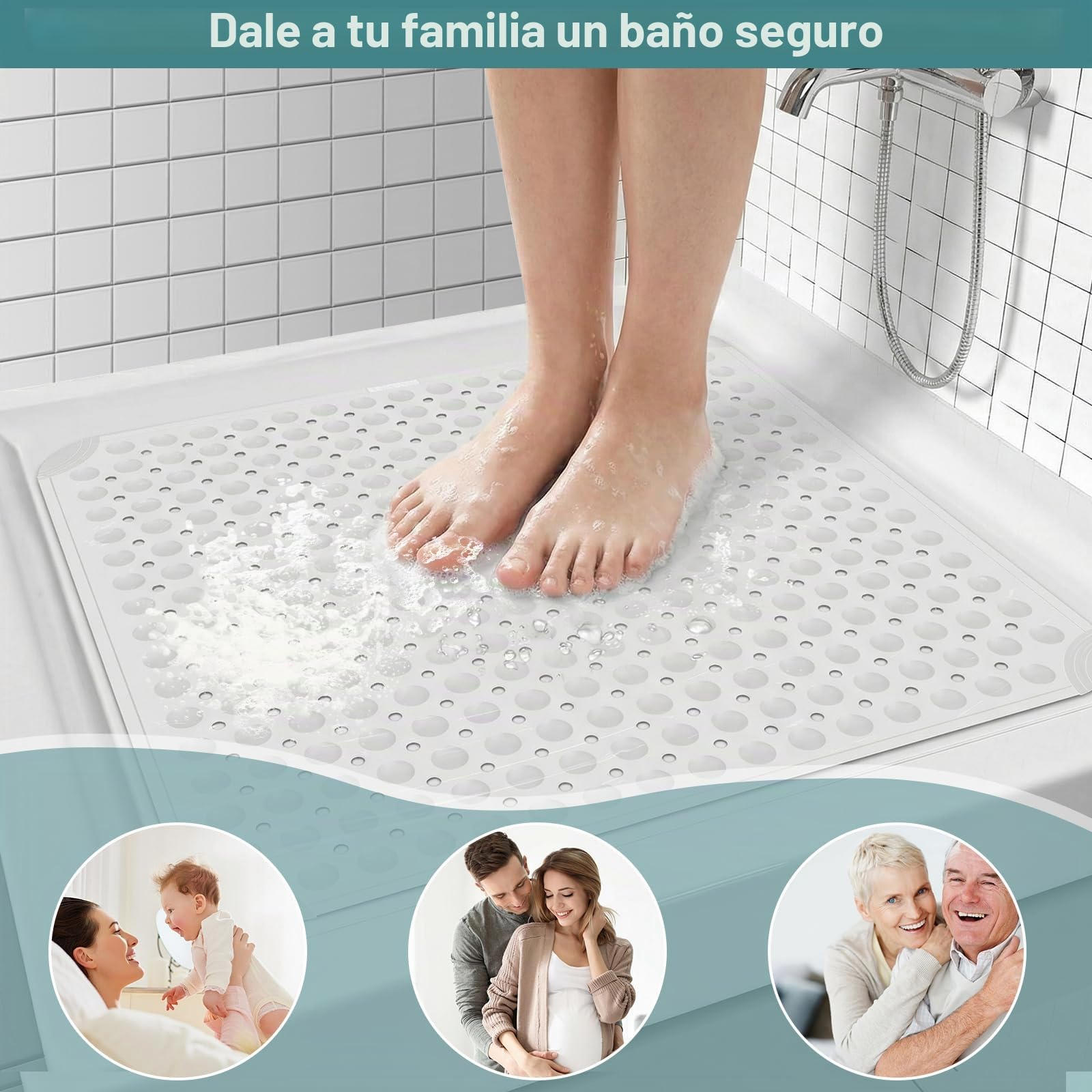Alfombrilla de Ducha Antideslizante de 80 x 80 cm, Blanco | Inserto de Ducha de TPE Suave con Orificios de Drenaje y Ventosas, Lavable a Máquina, para Salas de Masaje, Saunas y Duchas