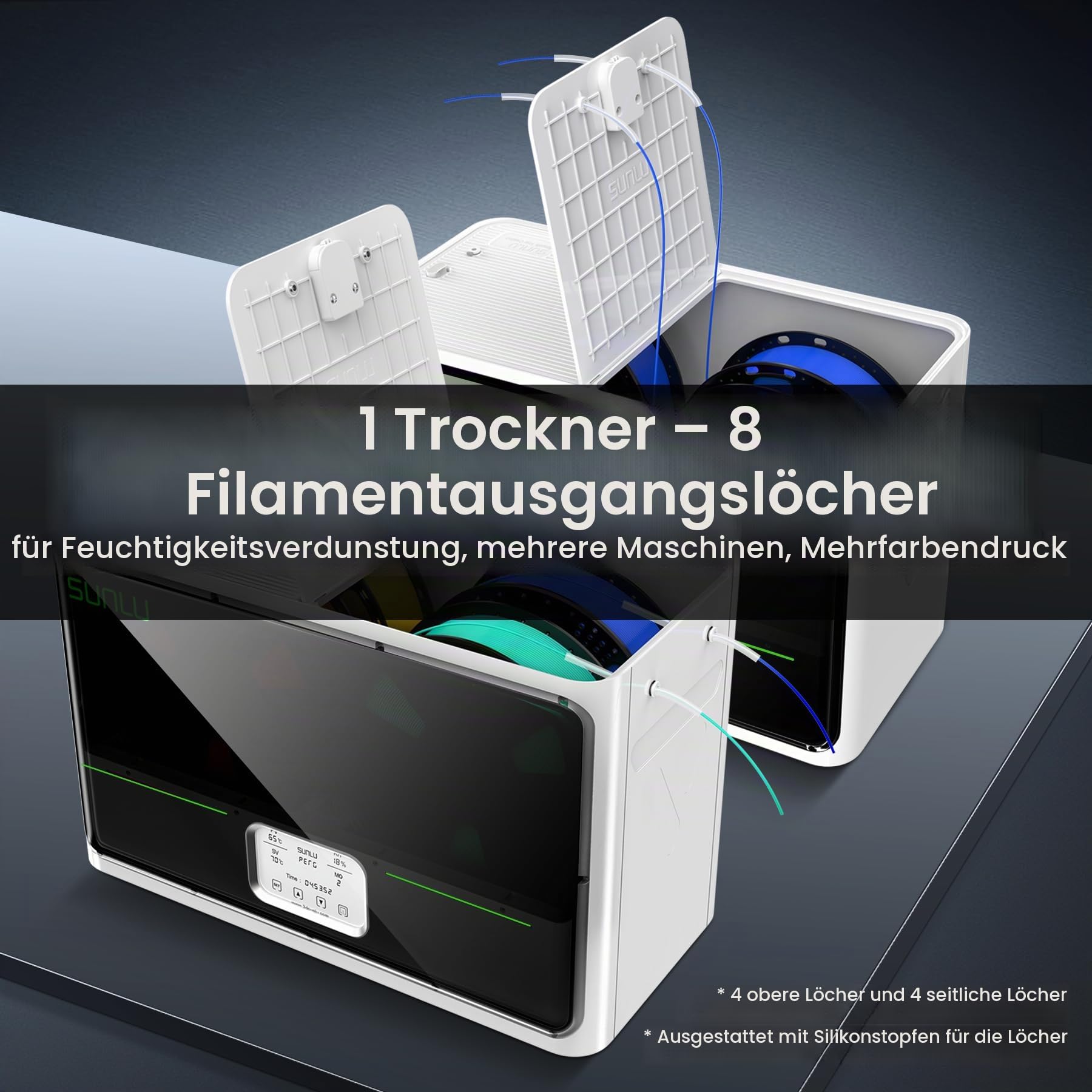 SUNLU S4 Filament Trockner für 4 Spulen, bis 70°C für PLA/PETG/TPU/Nylon | 3 Umwälzventilatoren, 350W PTC Heizelement, 4-Spulen Filamenttrockner für Nylon TPU PLA PETG ABS 1.75mm/2.85mm, Schwarz