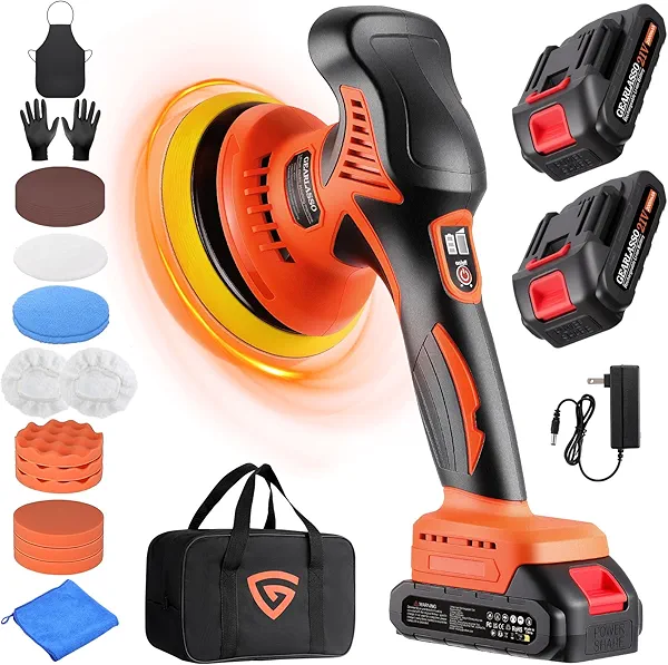 GEARLASSO Car Buffer Polisher, 8 Variable Speed Car Polisher 2800-6000RPM Cordless Car Polishing Machine with 2x 21V 2000mAh Batteries and 17 Piece Polishing Kit for Car Detailing Scratch Removing