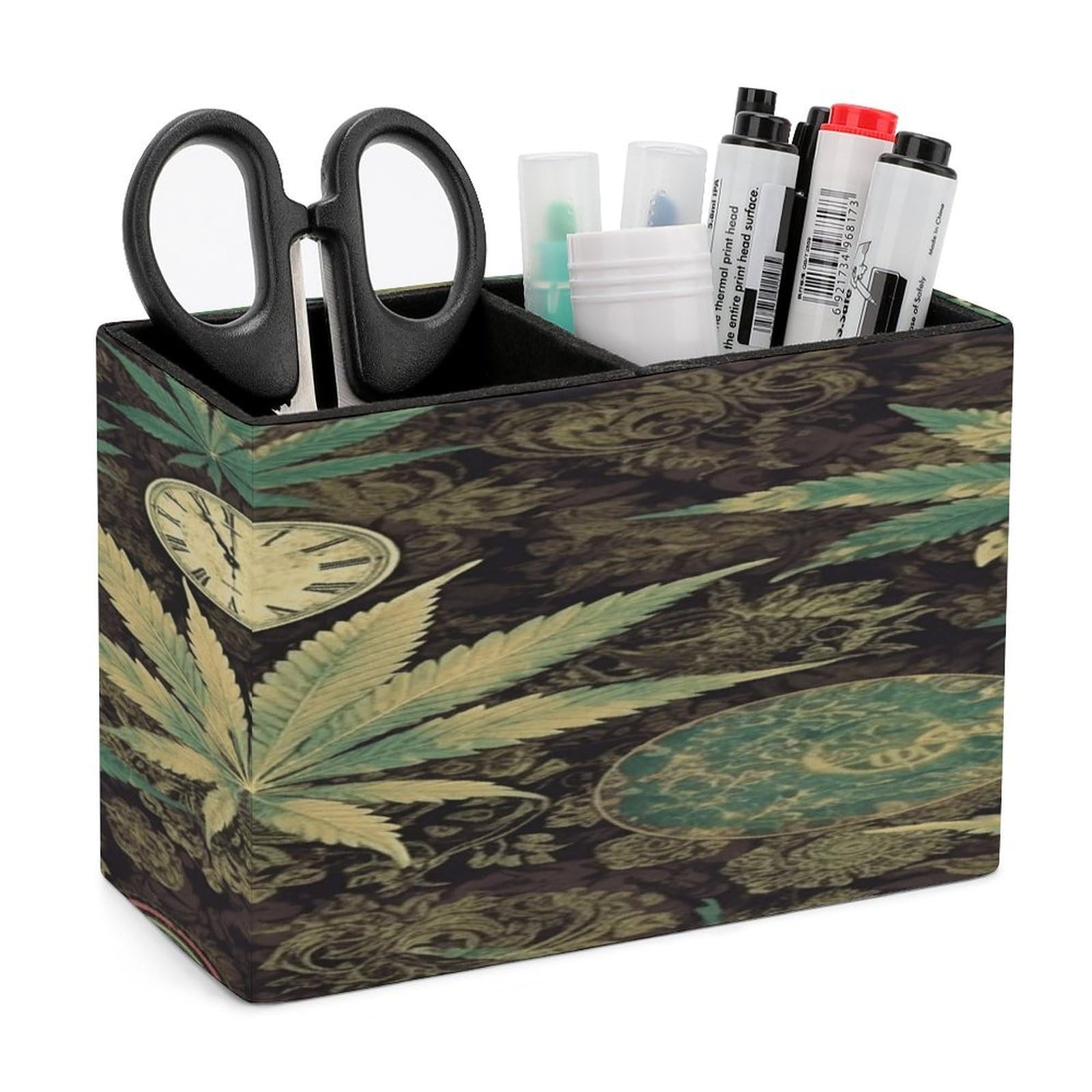 VstaDank A Puff in Time Weed Marijuana Pen Holder Double Compartments Pen Cup Fashion Makeup Brush Holders Leather Pencil Holder for Work Locker Accessories Modern Pencil Cup for Desk Organizer