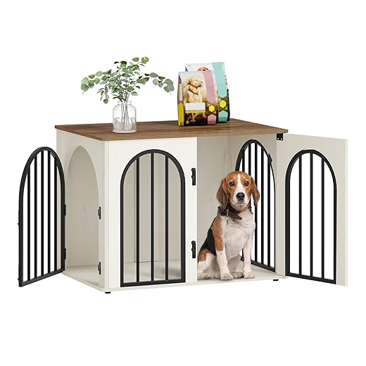 31.5'' Wooden Dog Crate Furniture, Indoor Dog Kennel Dogs Cage for Small/Medium Dogs, Heavy Duty Dog Crates Decorative Pet House End Side Table TV Stand, White Brown DFC85114B