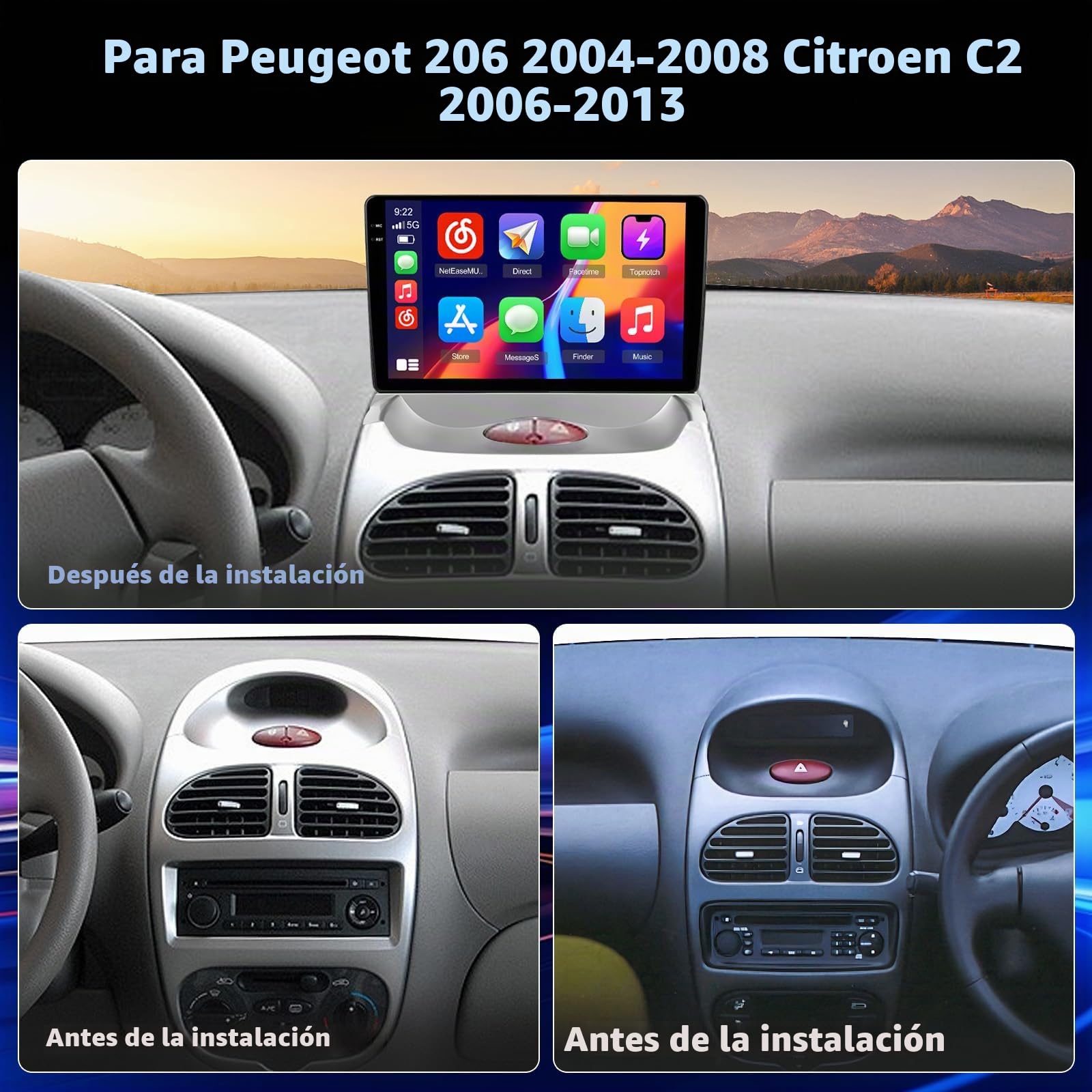 Hikity 4+64G Android Radio Coche para Peugeot 206 2004-2008, Citroen C2 2006-2013 Inalámbrico Carplay, Pantalla Táctil Incell 9 Pulgadas Android Auto/Bluetooth 5.0/GPS/FM/RDS/Cámara Trasera