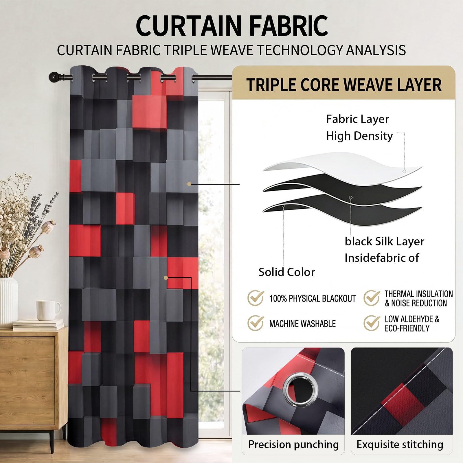 Verdunkelungsvorhänge Modern Minimalistisch, 3D Geometrisch Würfel Quadrate Farbblöcke Vorhänge mit Ösen für Wohnzimmer, H245 x B100 cm 2 Paneele Blickdicht Thermovorhang für Schlafzimmer, Schwarzgrau