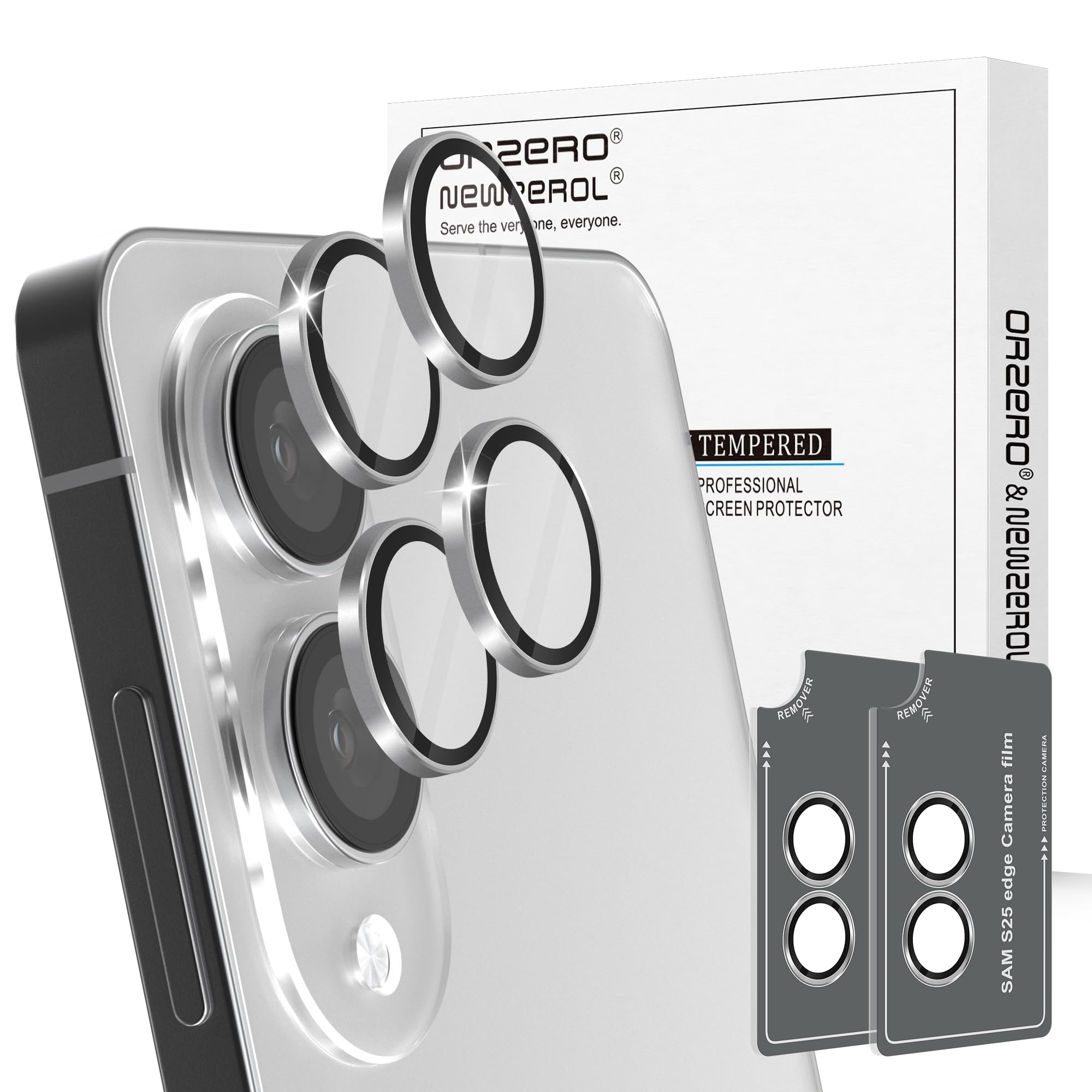Orzero 9H Glass Camera Lens Protector for Galaxy S25 Edge-Silver, 2 Set