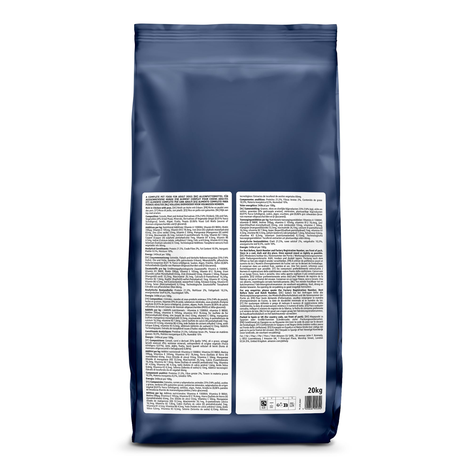 by Amazon - Alimento seco completo para perro adulto rico en pollo con guisantes, 20 kg (Paquete de 1)