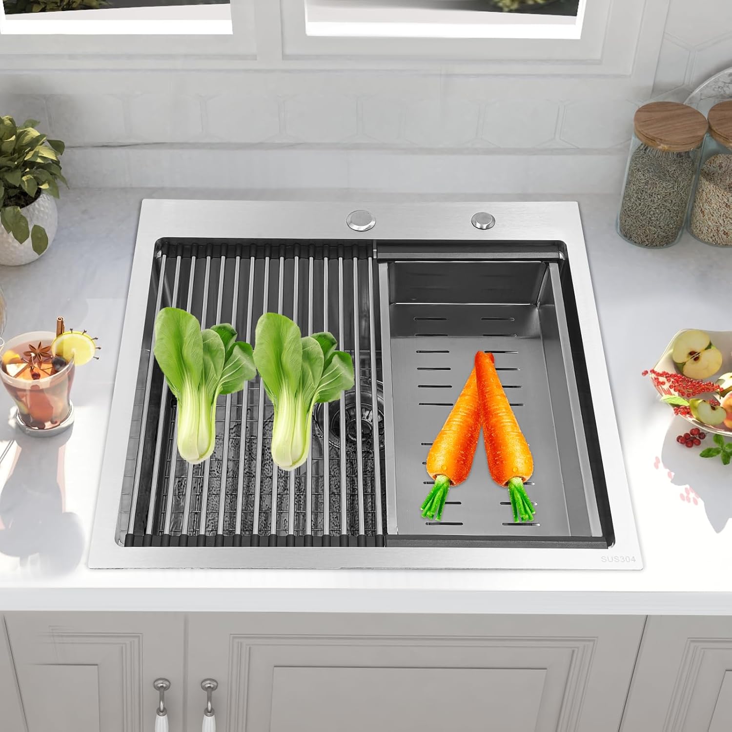 Kitchen Sink, 23 x 22 Inch Drop-in Stainless Steel Kitchen Sink Topmount Bar Sink Single Bowl Workstation Sink with Cutting Board for Home & Commercial