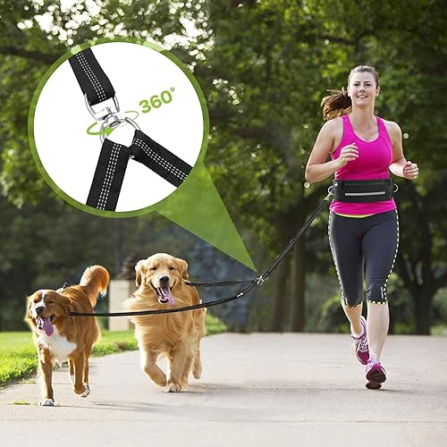 Miniatura 2 de Pecute Correa de perro manos libres para 2 perros, riñonera con cinturón acolchado suave, correa doble para perro con bolsa, 3 asas acolchadas,