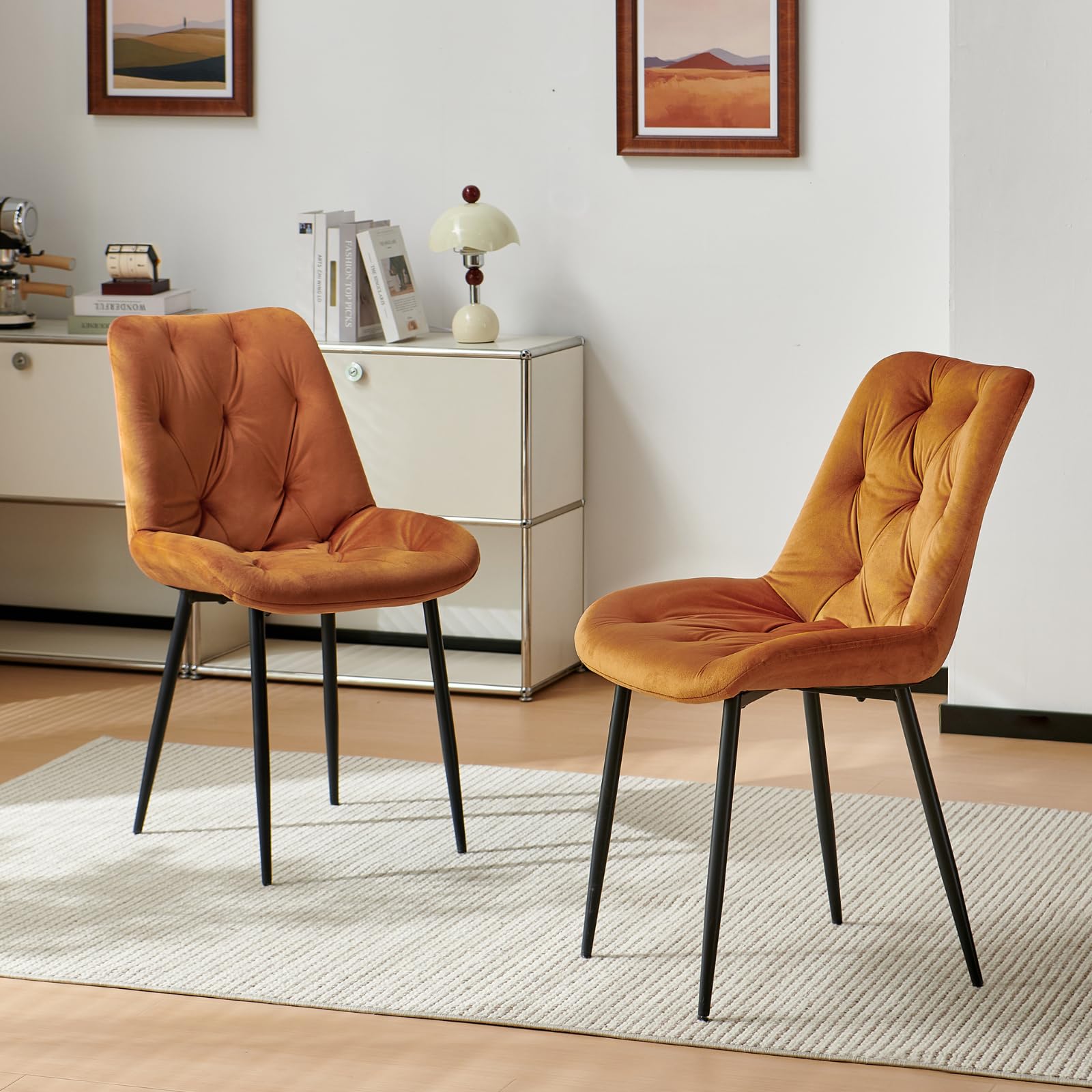 Colorig Set of 2 Velvet Dining Chairs, Modern Kitchen Chair with Sturdy Metal Legs, Ergonomic Curved Dining Room Chairs Suitable for Living Room Office Reception (2, Orange, 62D x 50W x 90H cm)
