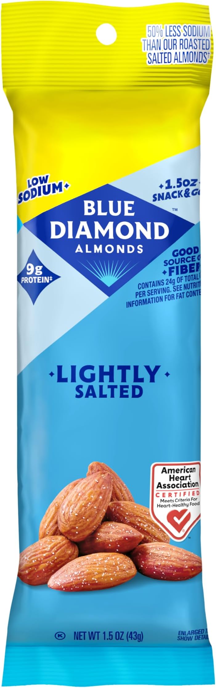 Blue Diamond Almonds, Low Sodium, Lightly Salted Flavored Snack Nuts, Single Serve Bags (1.5 Oz. Tubes, Pack of 12)
