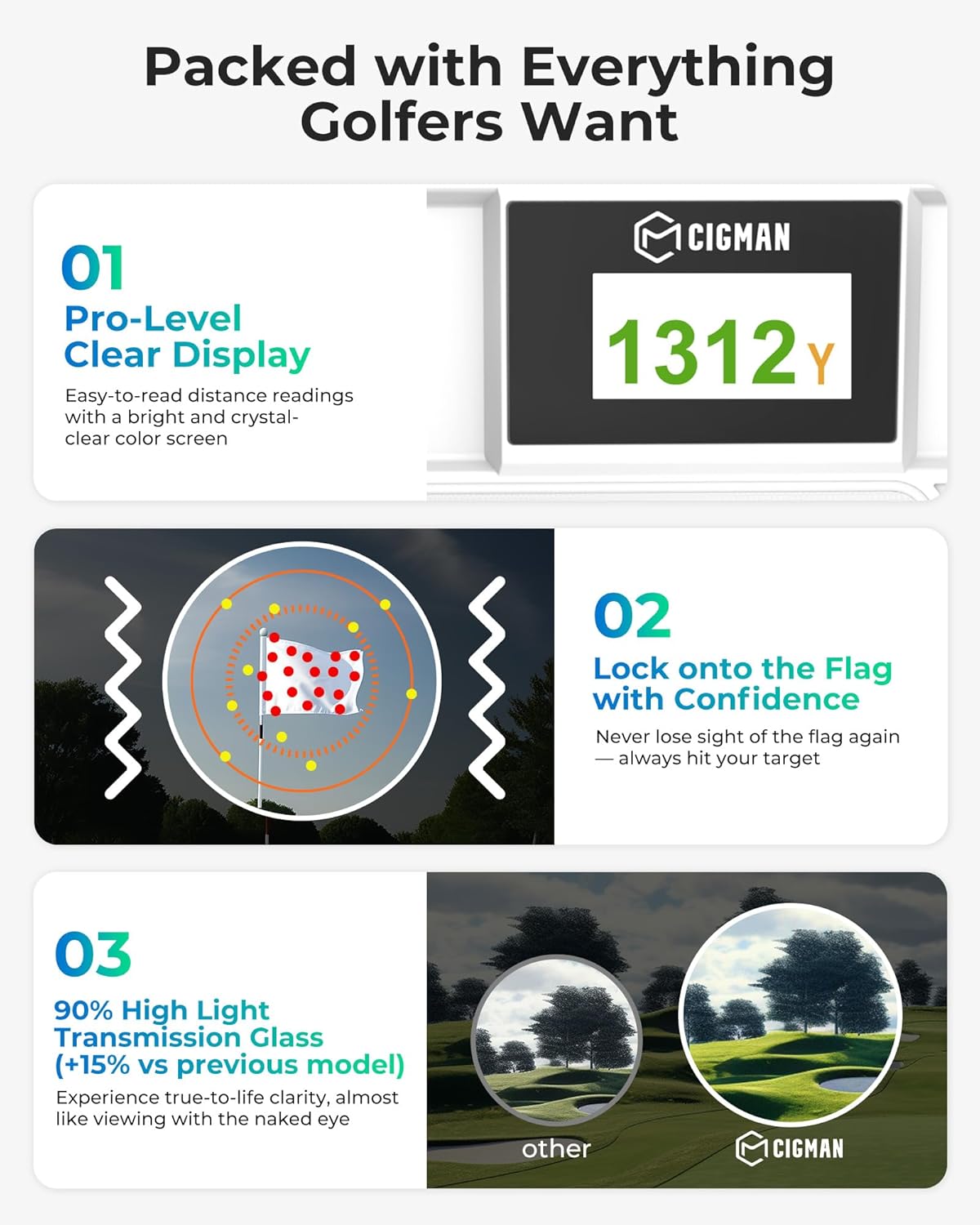 Golf Rangefinder with Slope, CIGMAN 1312 Yards Range Finder Golf, External Color Display, Flag Lock Vibration, 6X Magnification, Rechargeable Laser Range Finder with Magnetic, Ideal Golf Accessories - Image 6