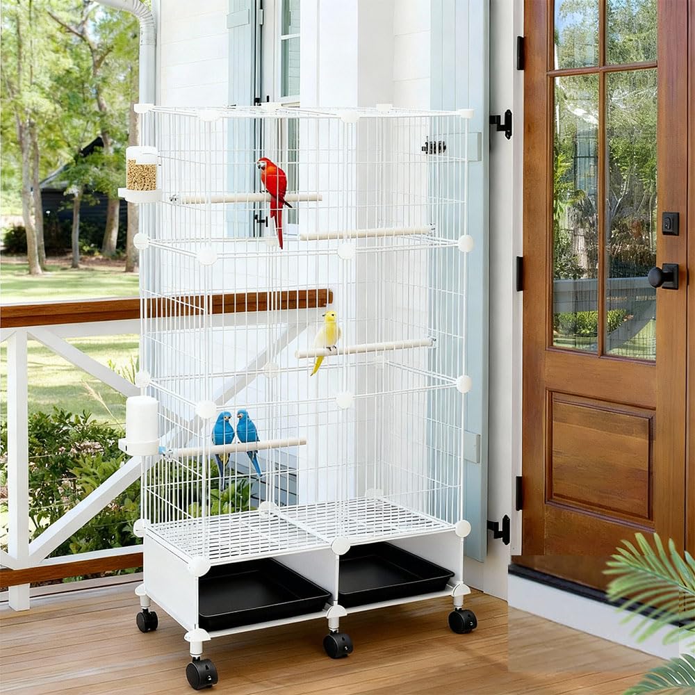 Jaula grande para pájaros, jaula para periquitos con soporte desmontable y ruedas, jaula para pájaros con bandeja deslizante para pájaros, perchas de madera, soporte rodante, jaula de pájaros de vuelo
