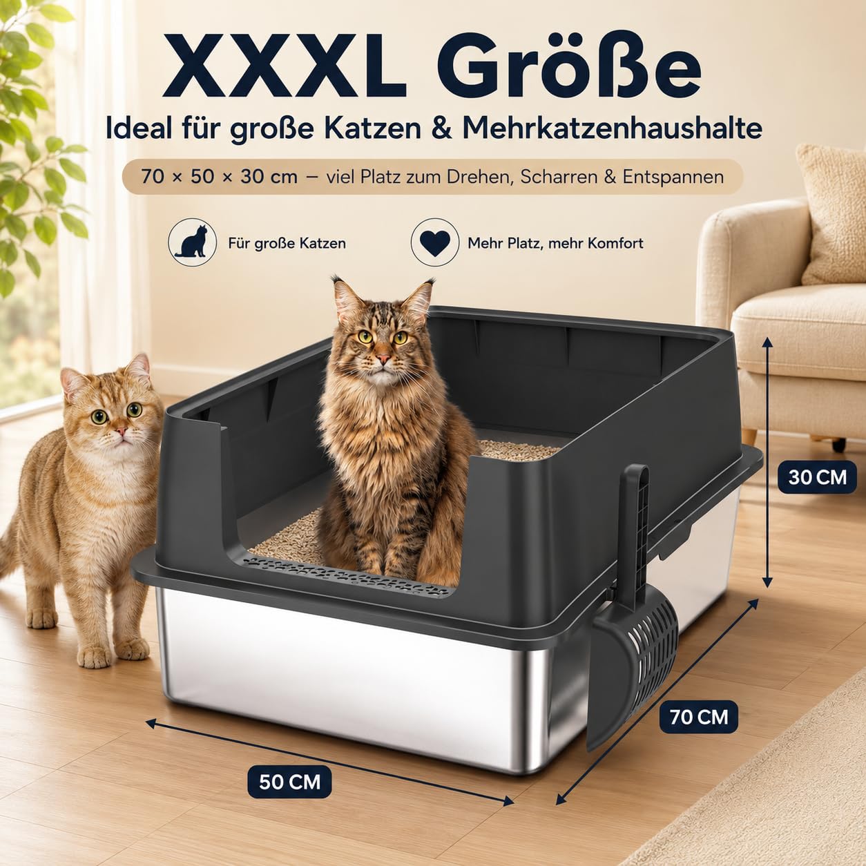 XXXL Edelstahl Katzenklo hoher Rand 70 × 50 × 30 cm 90 L offene Katzentoilette Edelstahl für großes Katzen & mehrereKatzen, geruchsfrei, kein Urinverlust, Spritzsicher & leicht zu reinigen Schwarz