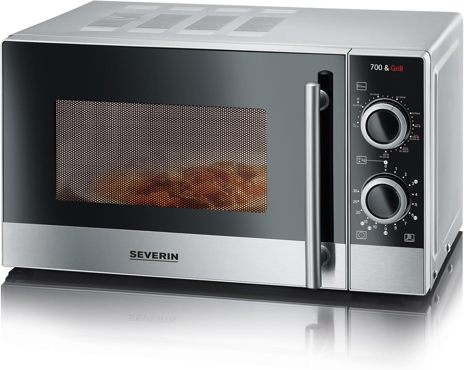 SEVERIN MW 7874 Forno microonde 700 W e potenza grill 900 W, Microonde 20 L con piatto girevole, scongelamento, 9 modalità di cottura, timer 30min e maniglia professionale, Argento