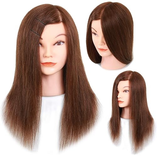Mannequin Head with Human Hair - 20-22" Cosmetology Mannequin Head with 100% Real Human Hair for Braiding Practice Cutting - Manikin Head with Human Hair for Hairdresser (Brown)